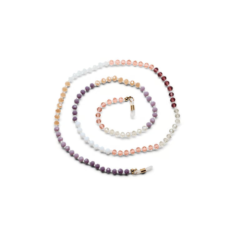 Peepers beaded eyeglass chain in gradient neutrals: burgundy, blush, peach, lavender, and clear crystals with gold coil ends