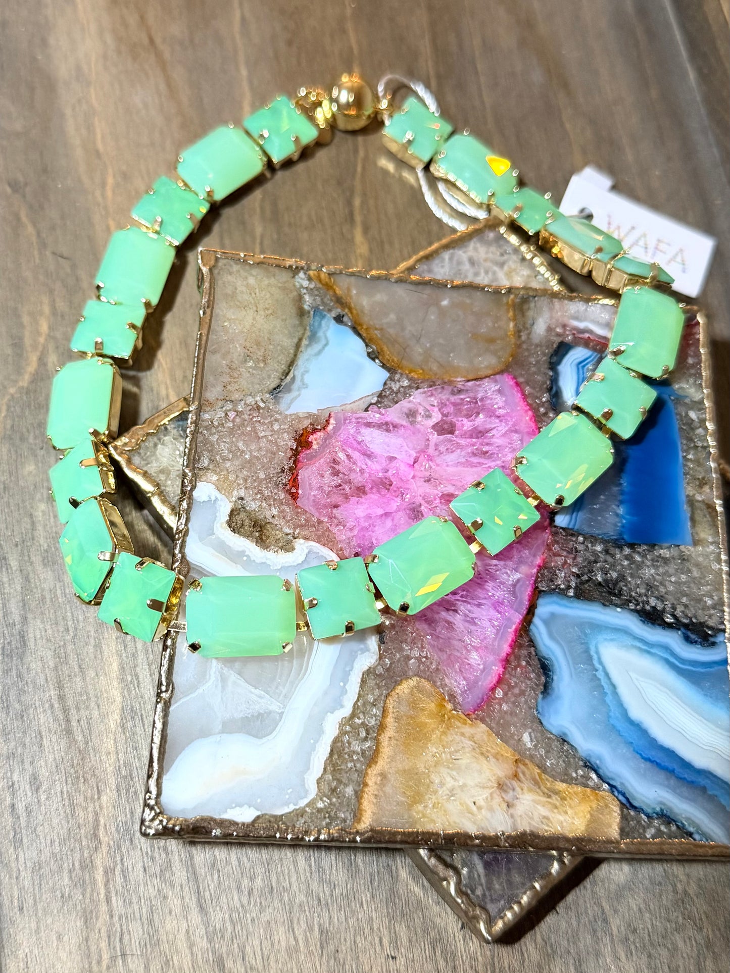 AF Designs statement collar necklace with mint jade green rectangular crystals in gold prong settings