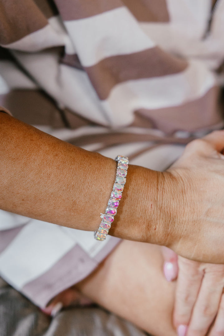 Main Character Stretch Bracelet in Rhodium With AB Crystals