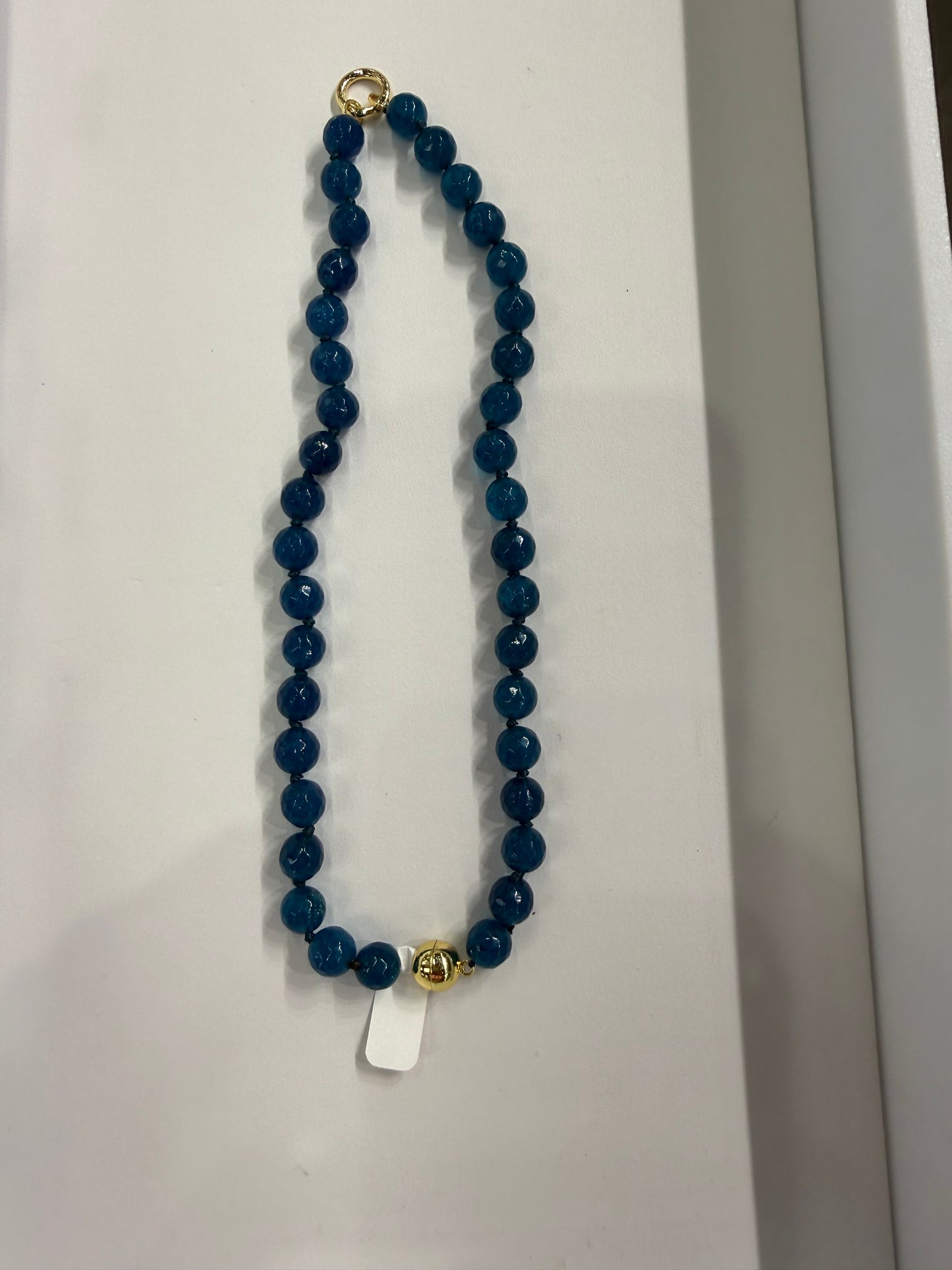 10mm teal blue polished beaded necklace with gold accent bead and gold spring ring clasp by AF Designs