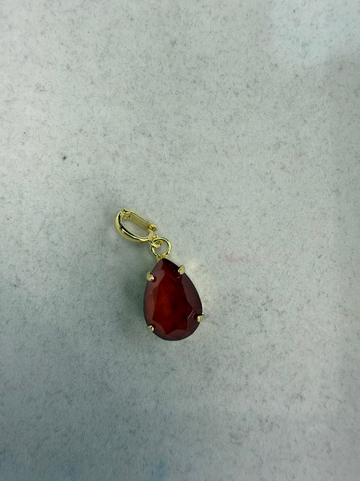 AF Designs gold teardrop charm with faceted cranberry red gemstone and clip bail pendant