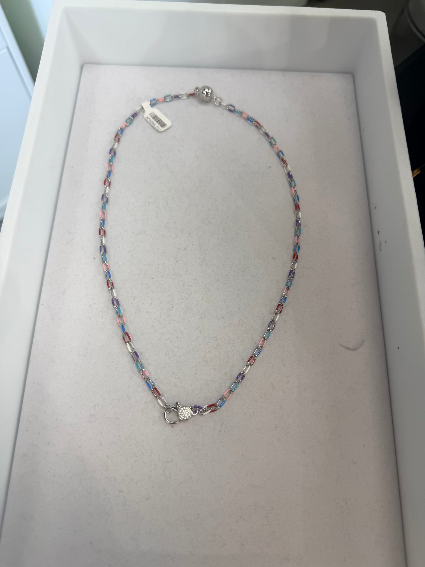 AF Designs Dancing Queen multicolor enamel chain necklace with crystal pavé clasp in silver tone