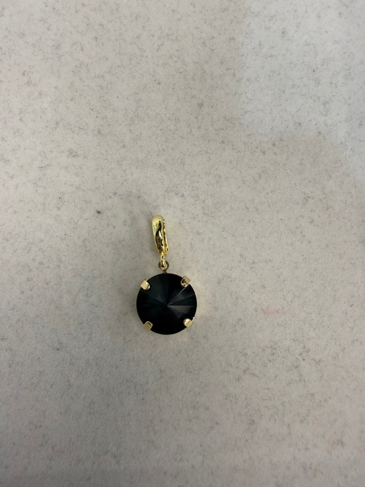 Round 10mm black rivoli crystal charm with gold-tone four-prong setting and hinged bail clasp