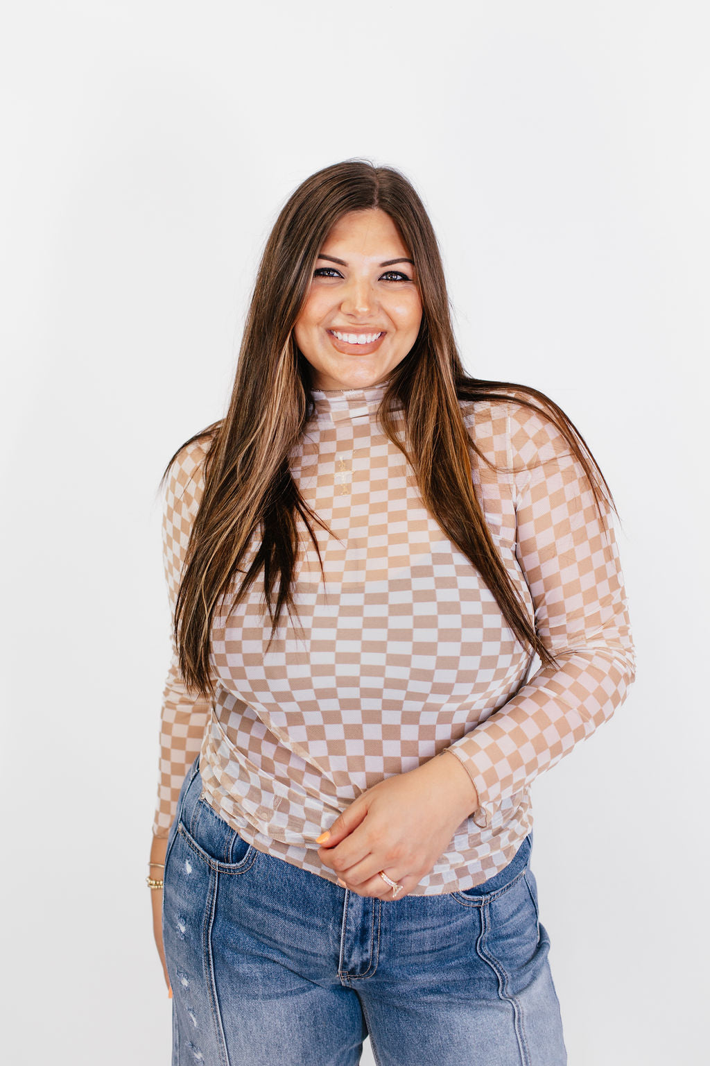 Taupe Checkerboard Top - Reg/Curvy