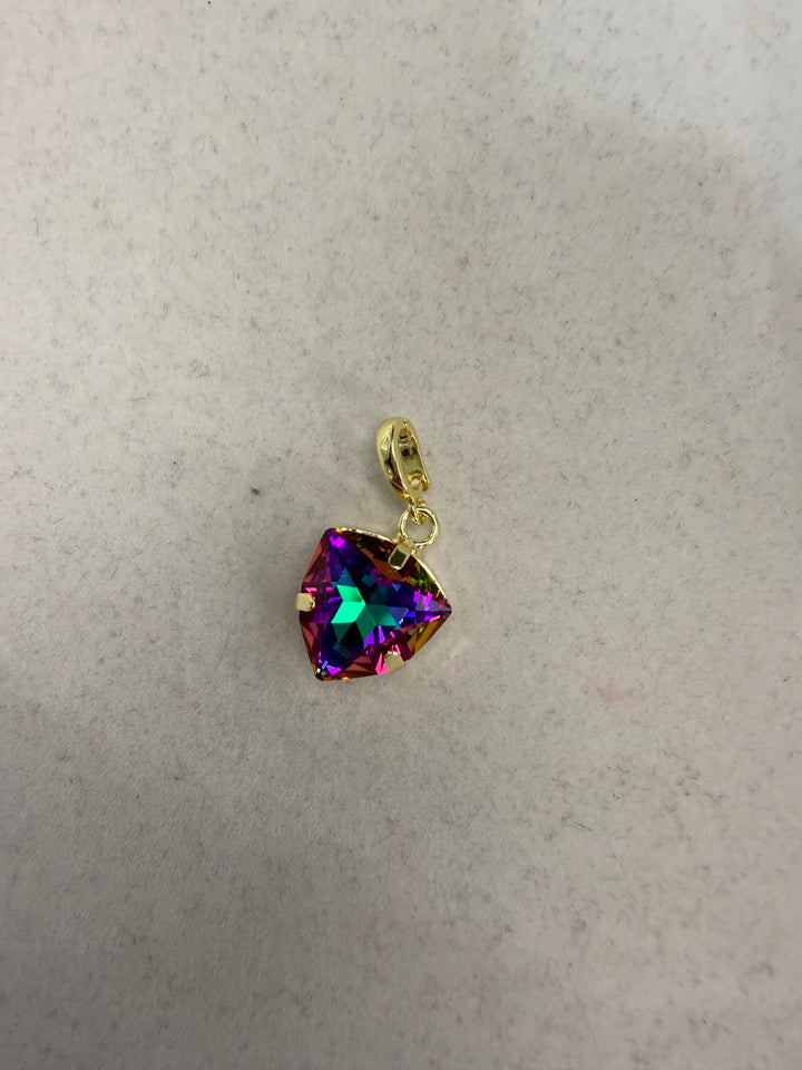 Gold prong-set triangular mystic topaz charm pendant with rainbow iridescent purple, teal, and magenta hues