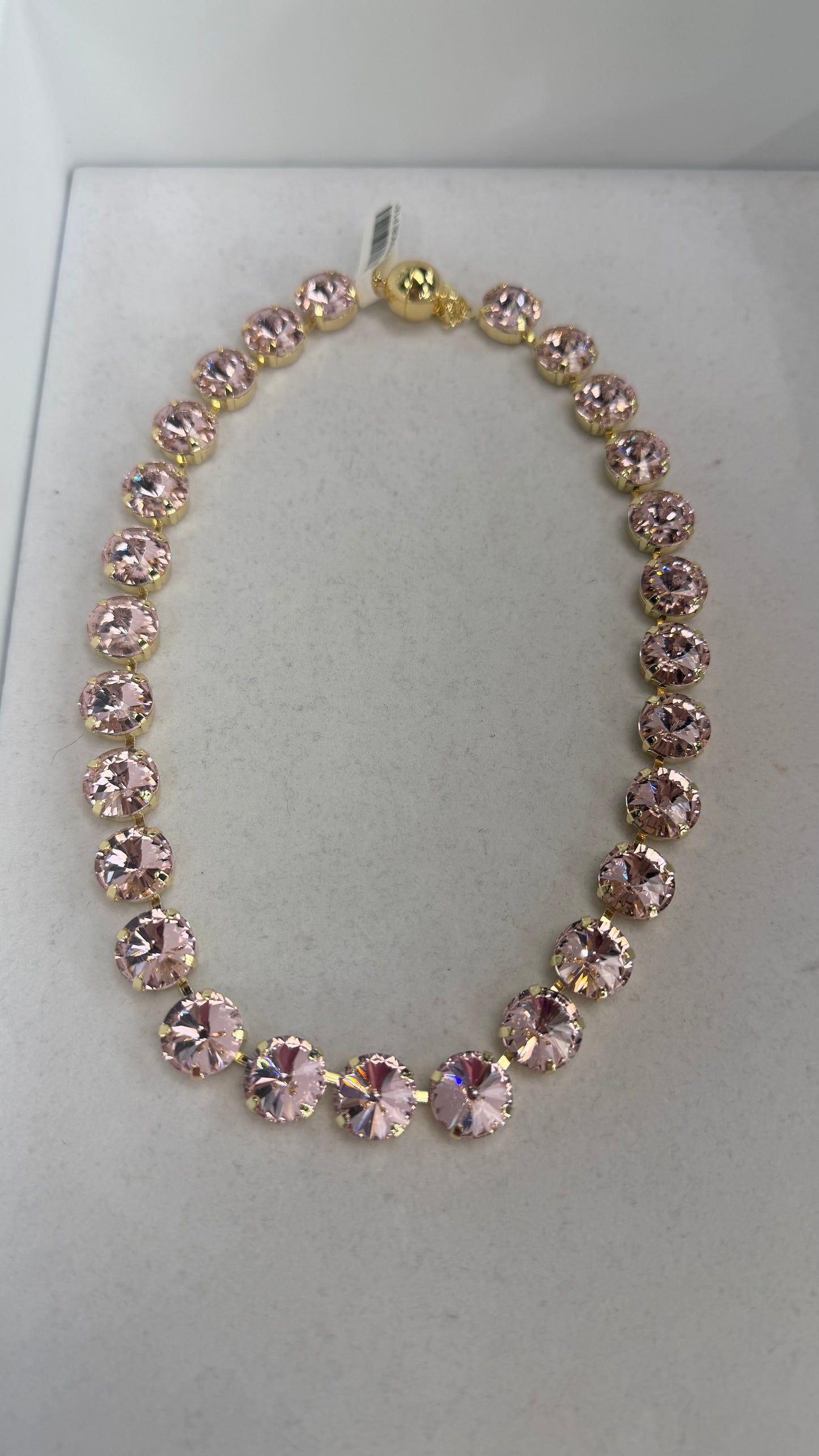 AF Designs gold-tone collar necklace with 12mm light pink rivoli crystals in prong settings, magnetic ball clasp