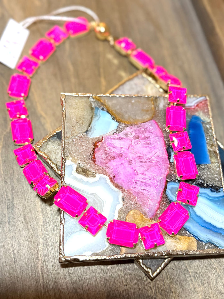 AF Designs hot pink emerald-cut crystal statement necklace with gold prong settings, collar style