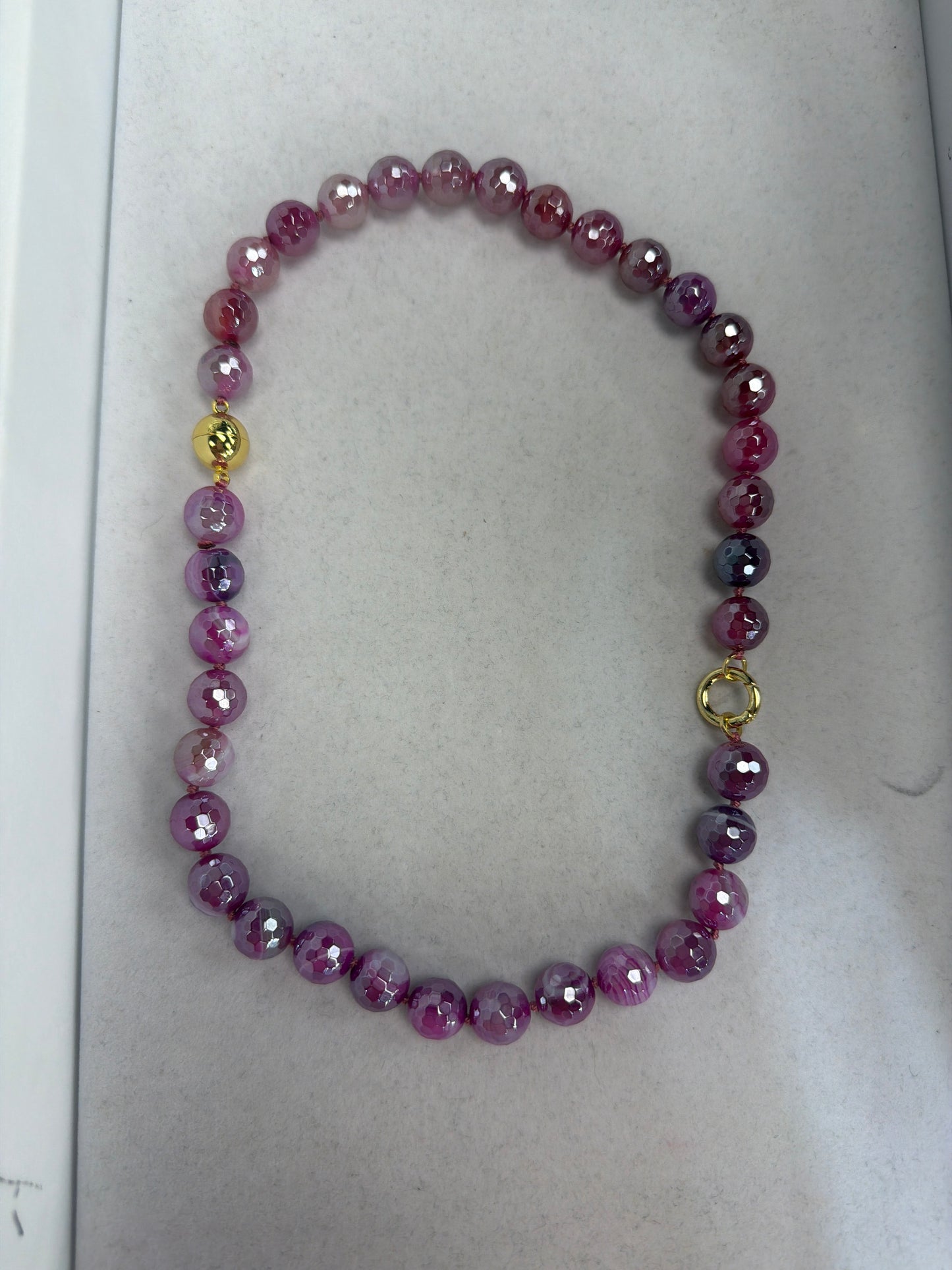 AF Designs 12mm faceted purple disco beaded necklace with gold clasp and iridescent violet-magenta beads