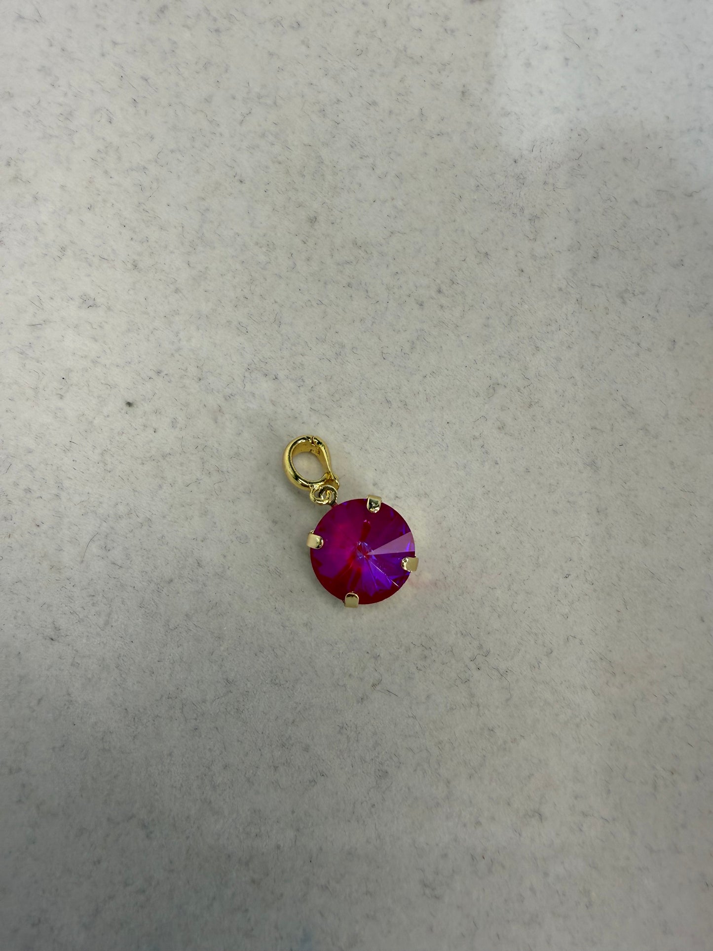 AF Designs 10mm round rivoli crystal charm in pink punch with gold prong setting and lobster clasp bail