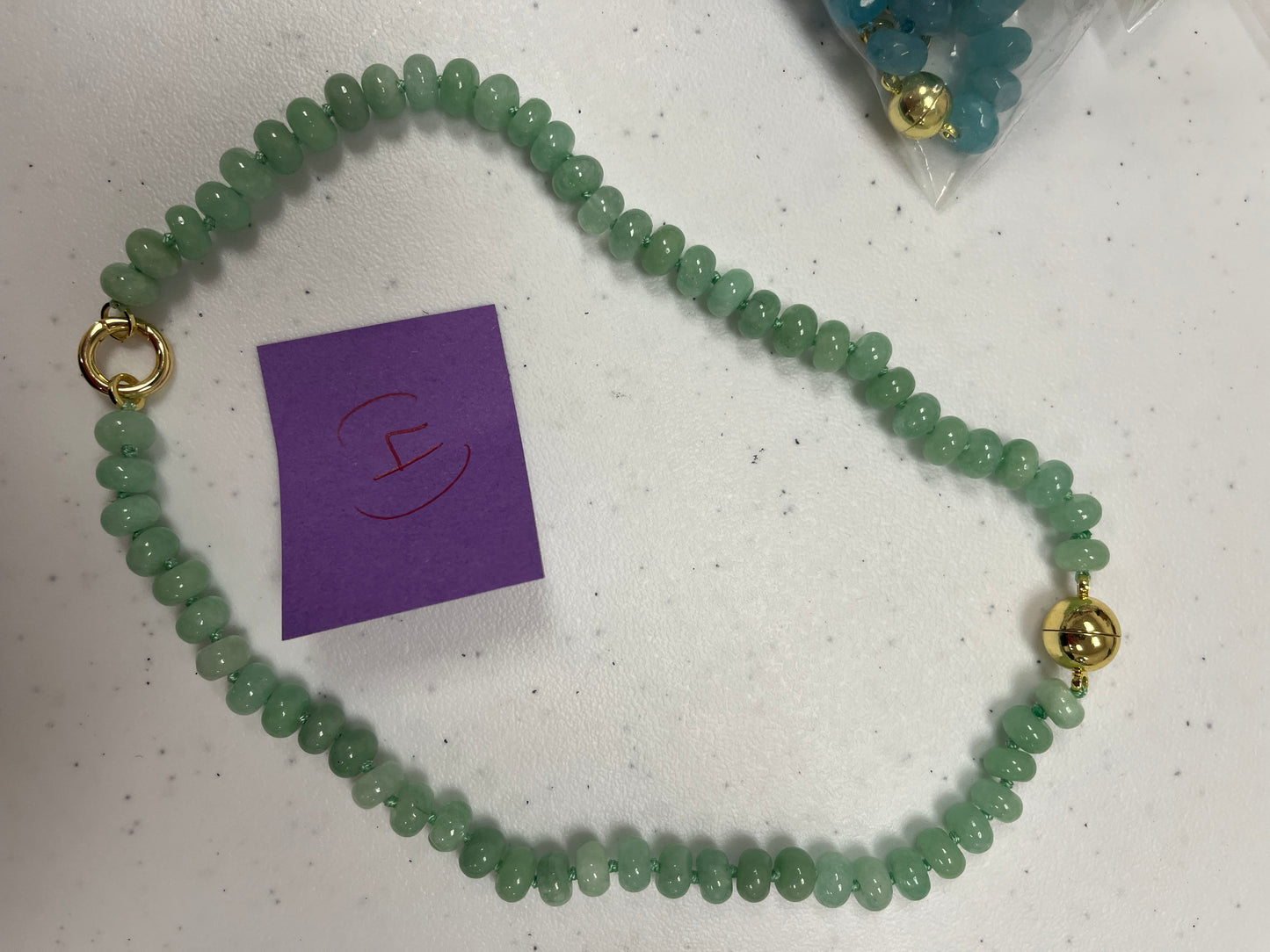 AF Designs jade green rondelle beaded necklace with gold magnetic ball clasp and spring ring connector