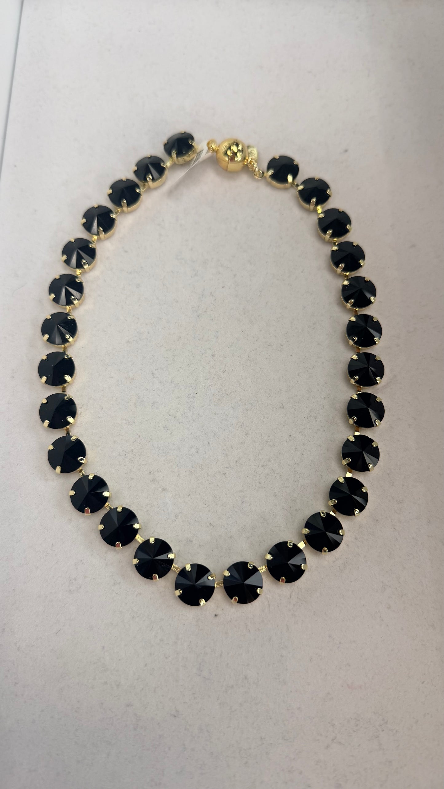 AF Designs black 12mm rivoli crystal collarette necklace with gold prong settings and magnetic ball clasp