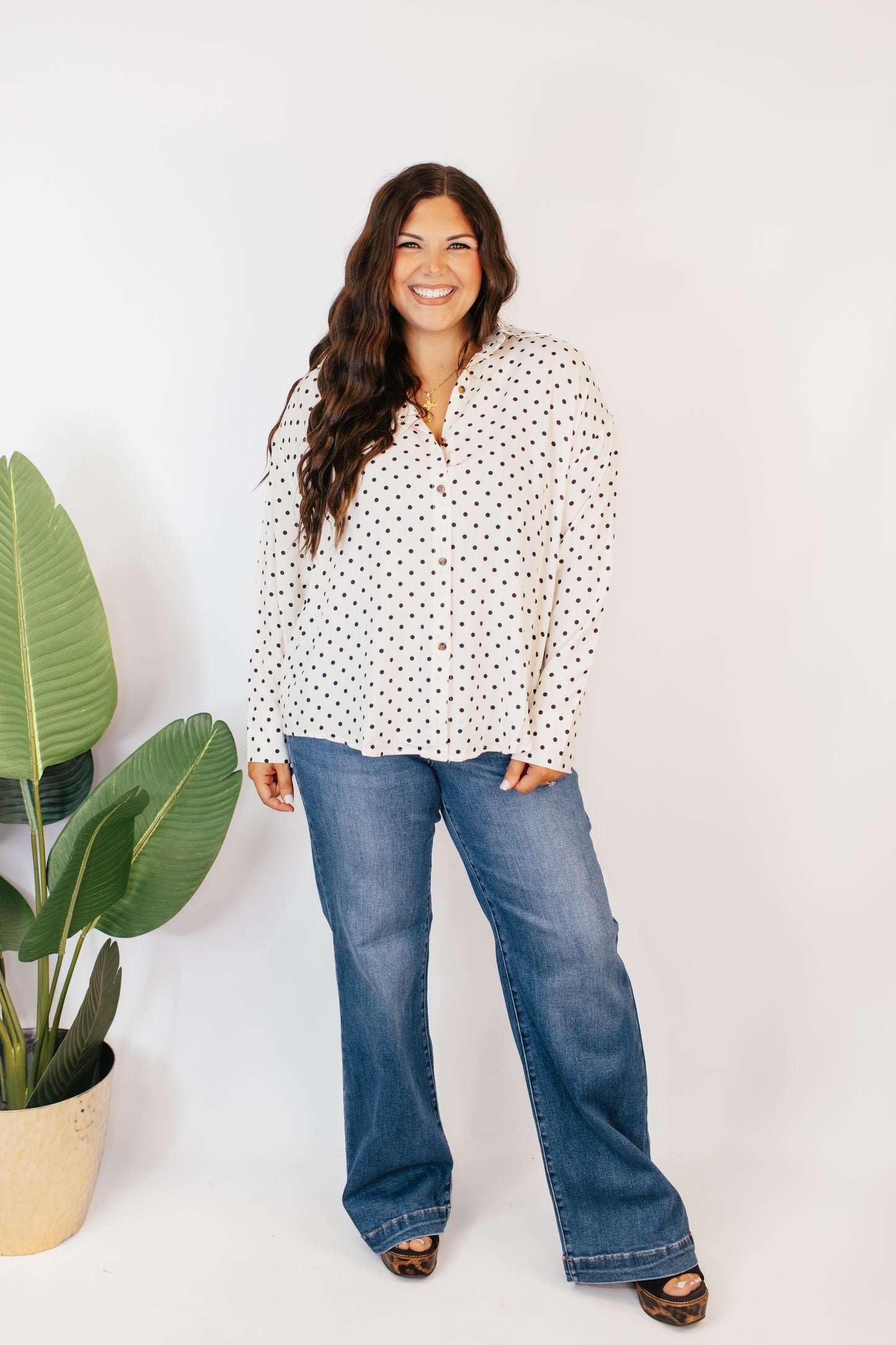 Classic Kathryn Button Up Top in Black Polka Dots - Reg & Curvy