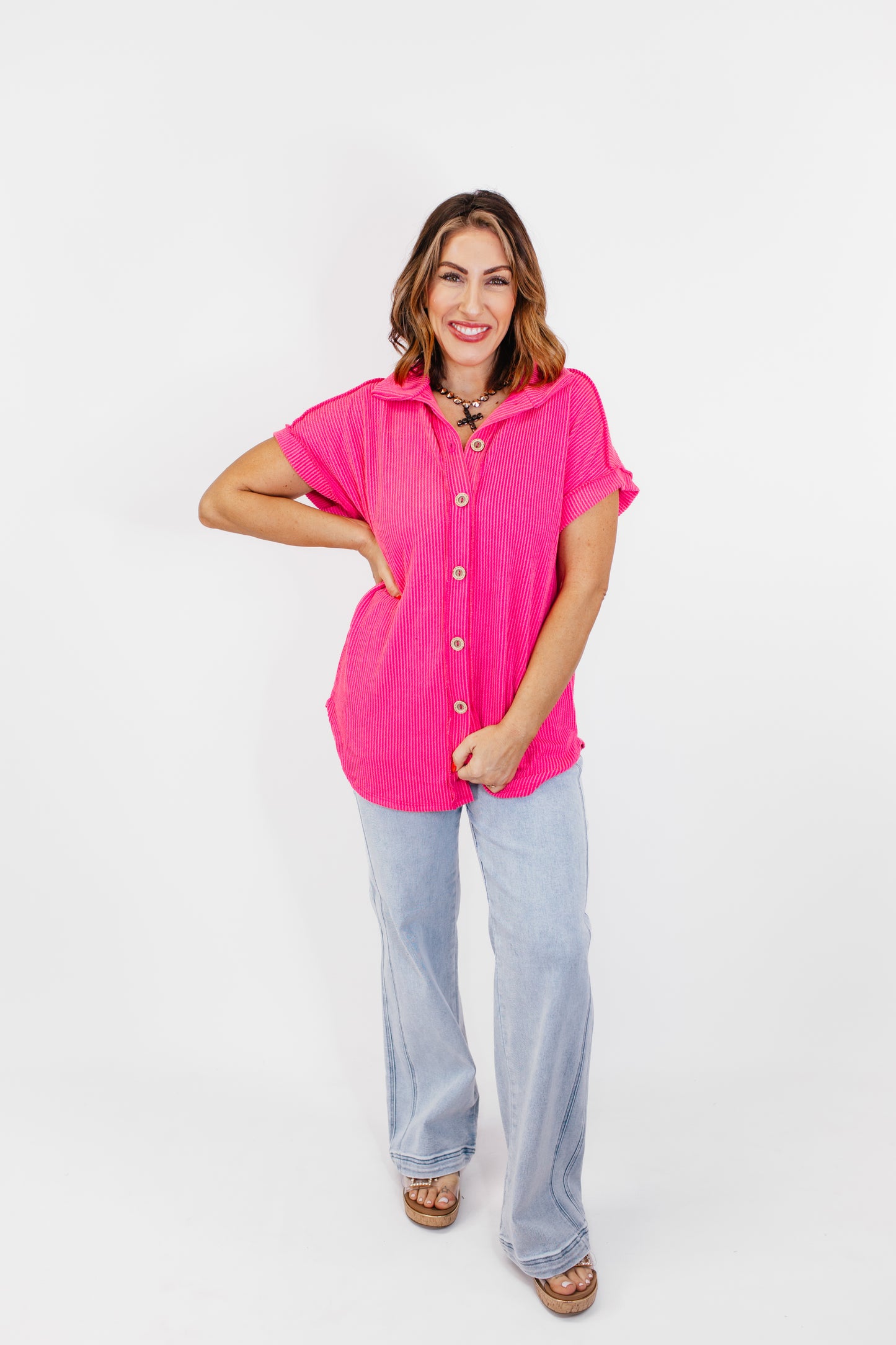 The Button Breeze Top in Hot Pink - Reg/Curvy