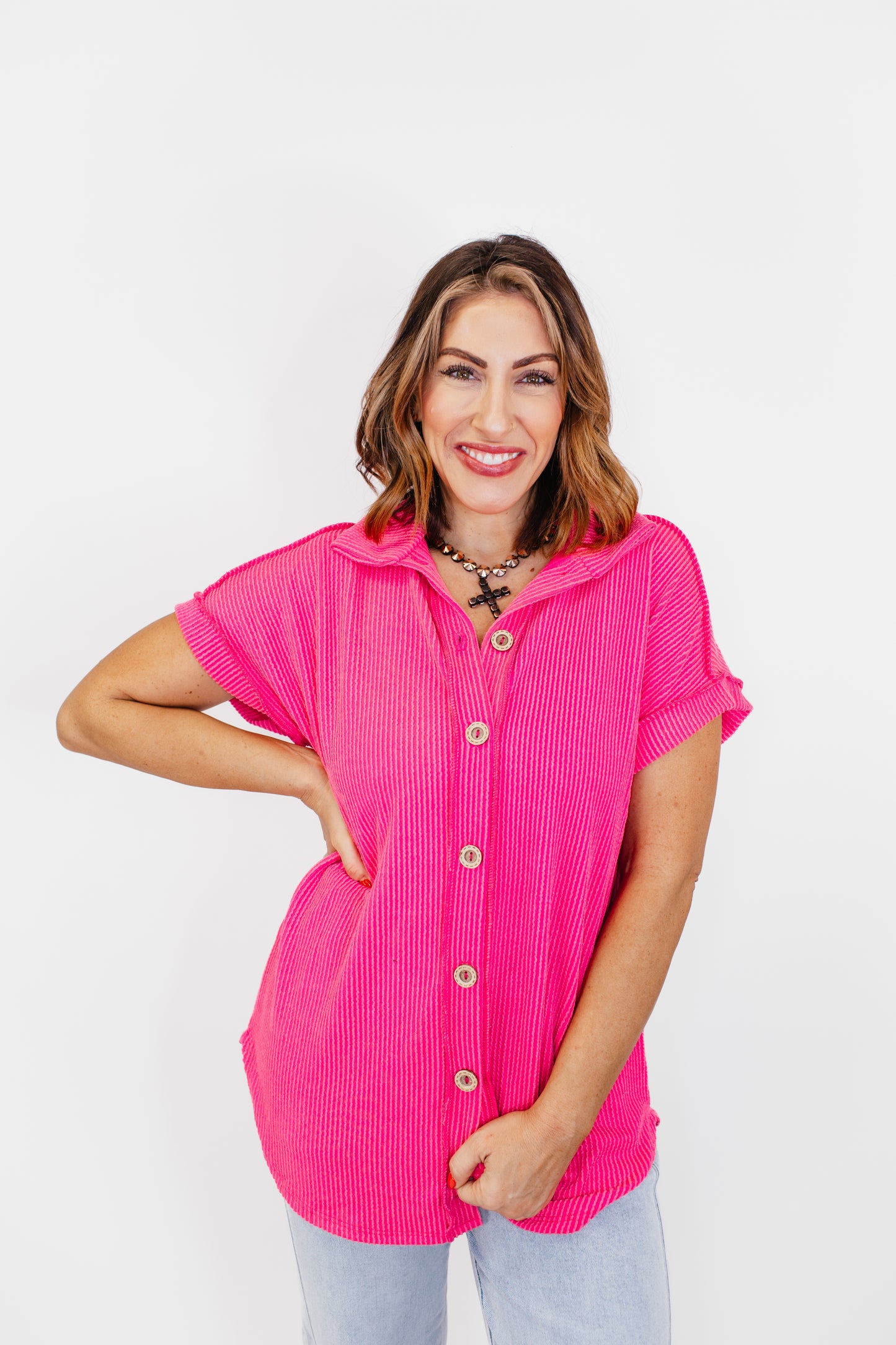 The Button Breeze Top in Hot Pink - Reg/Curvy