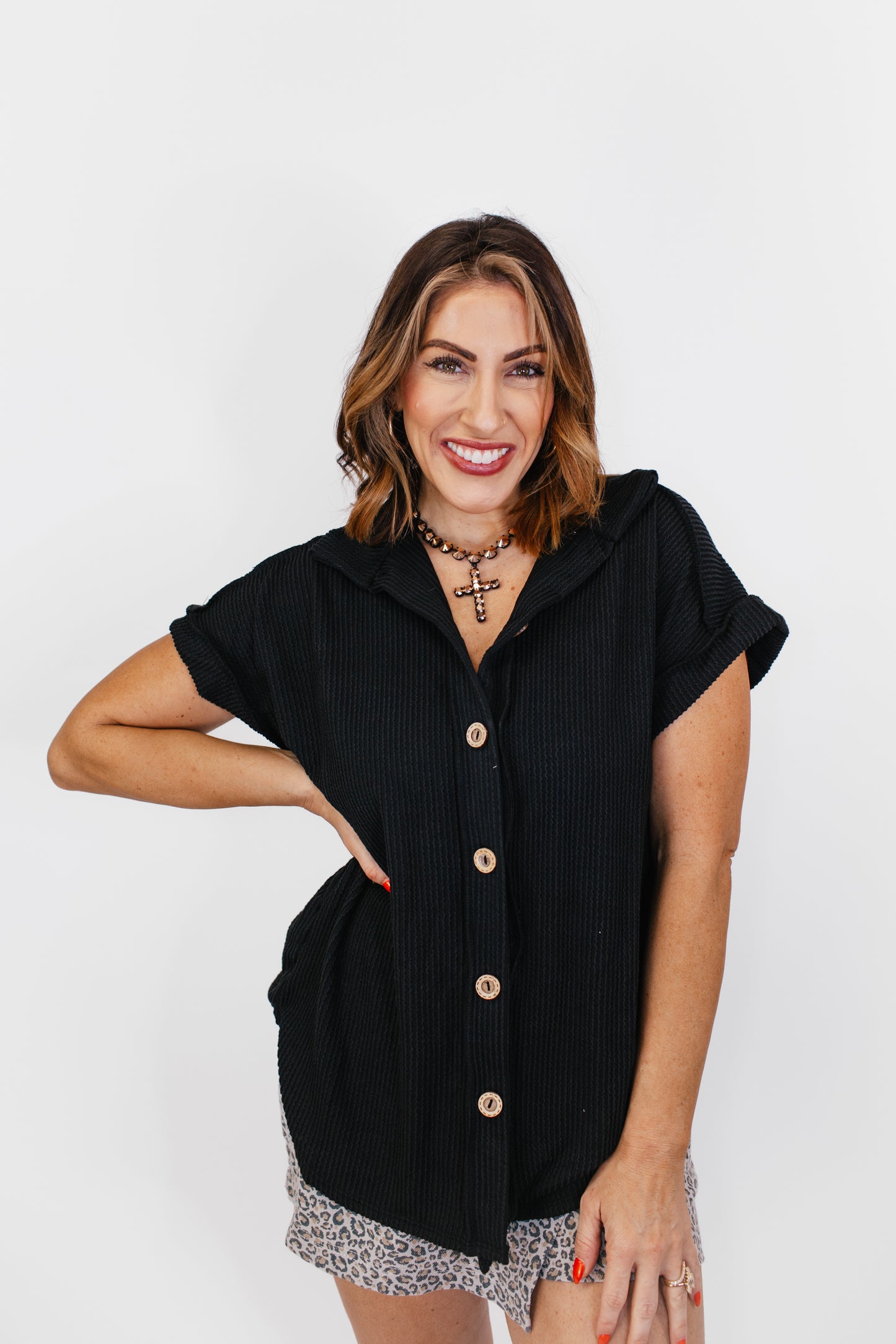 The Button Breeze Top in Black - Reg/Curvy- FINAL SALE