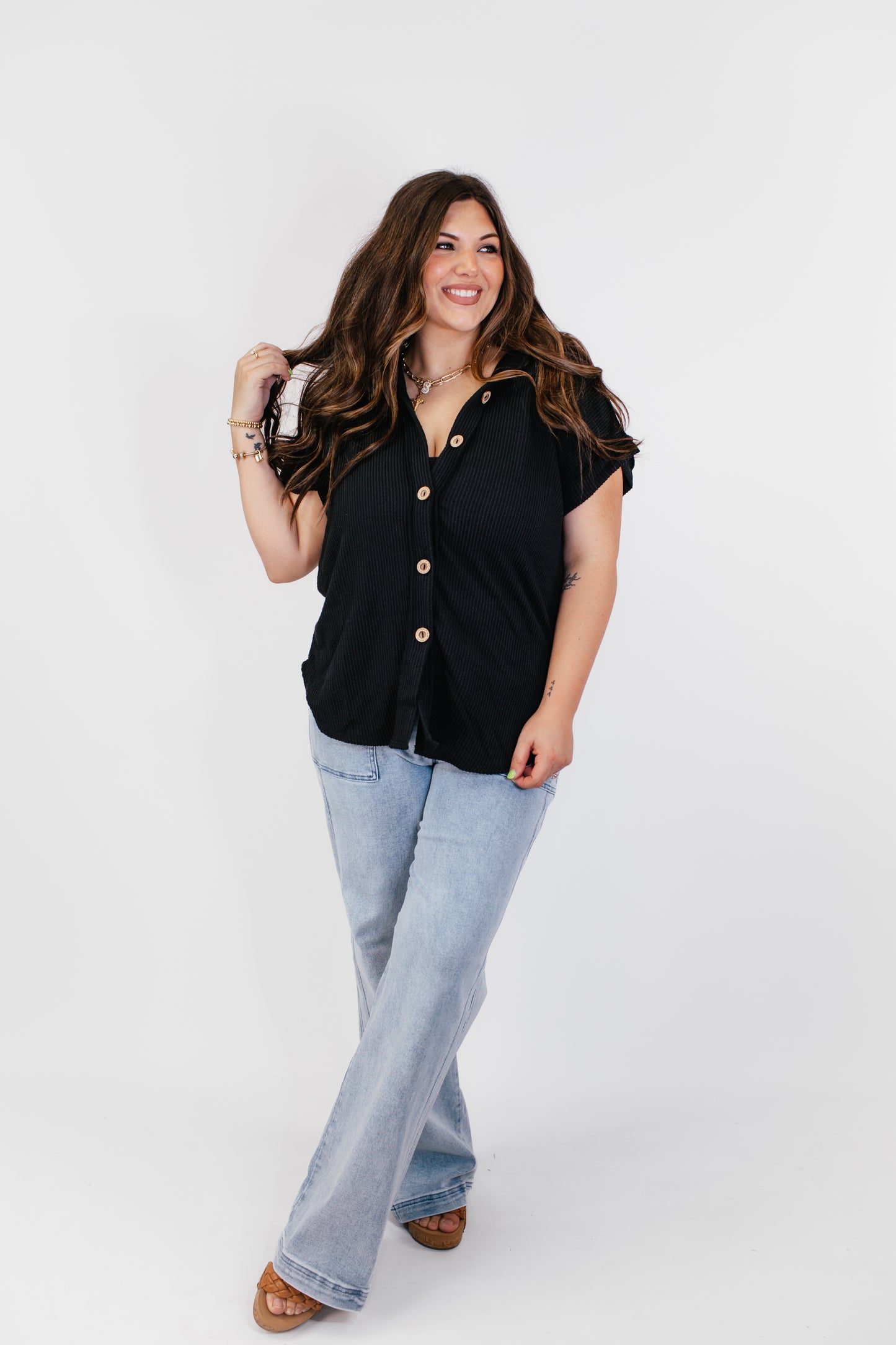 The Button Breeze Top in Black - Reg/Curvy- FINAL SALE