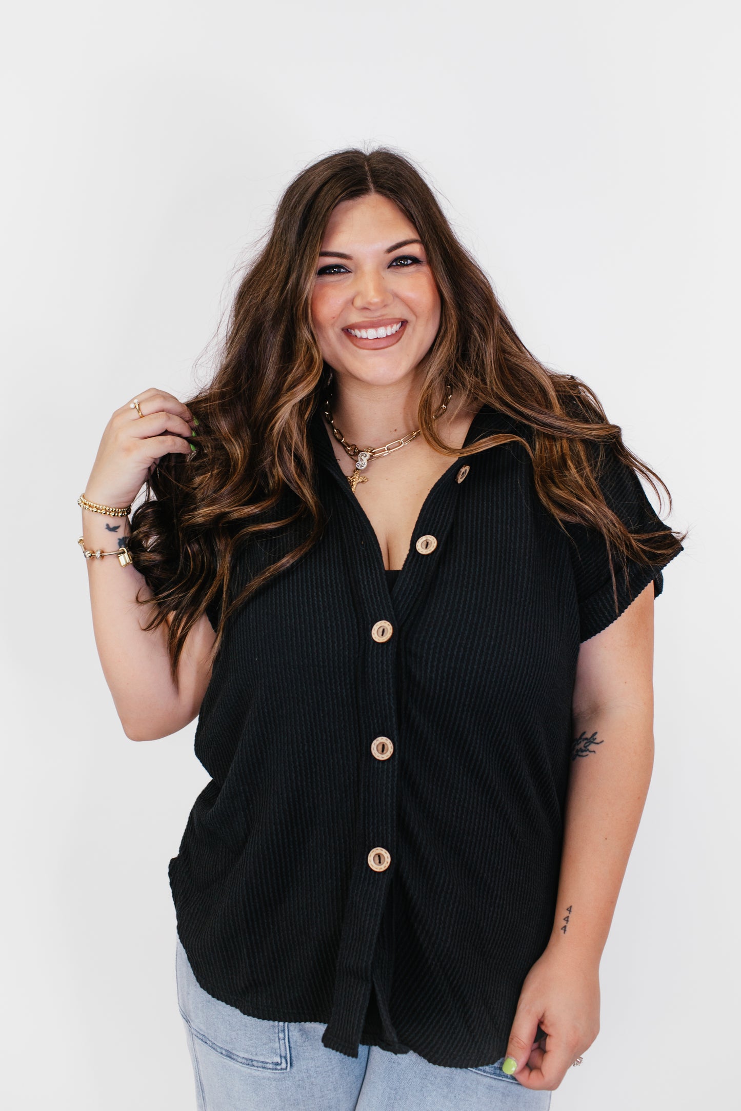 The Button Breeze Top in Black - Reg/Curvy- FINAL SALE