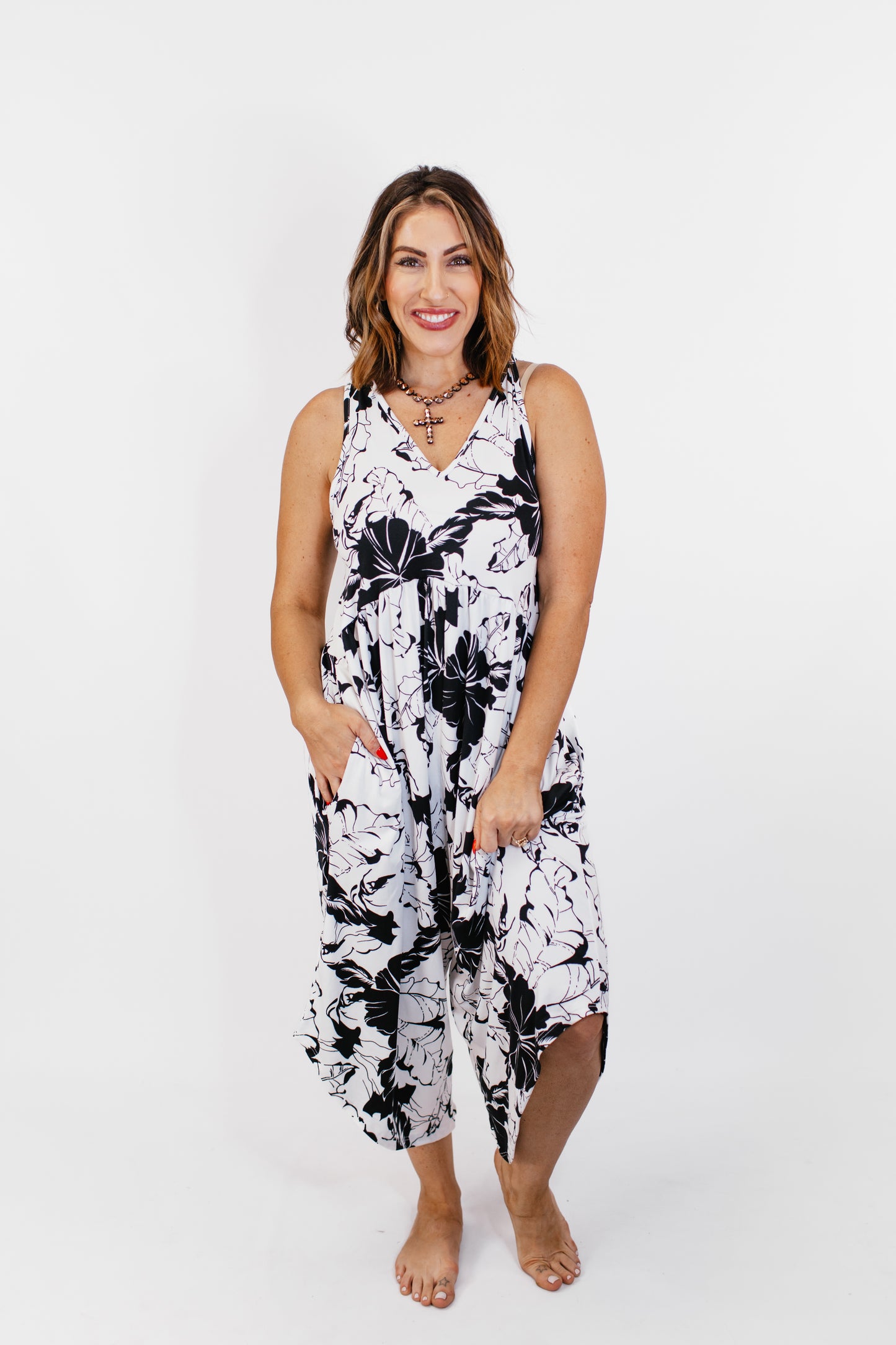 Phierce Fashions Jumpsuit in Black and White Floral - Reg/Curvy FINAL SALE