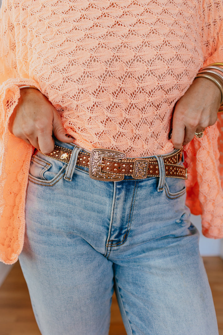 Square Rhinestone Western Glam Belt In Tan