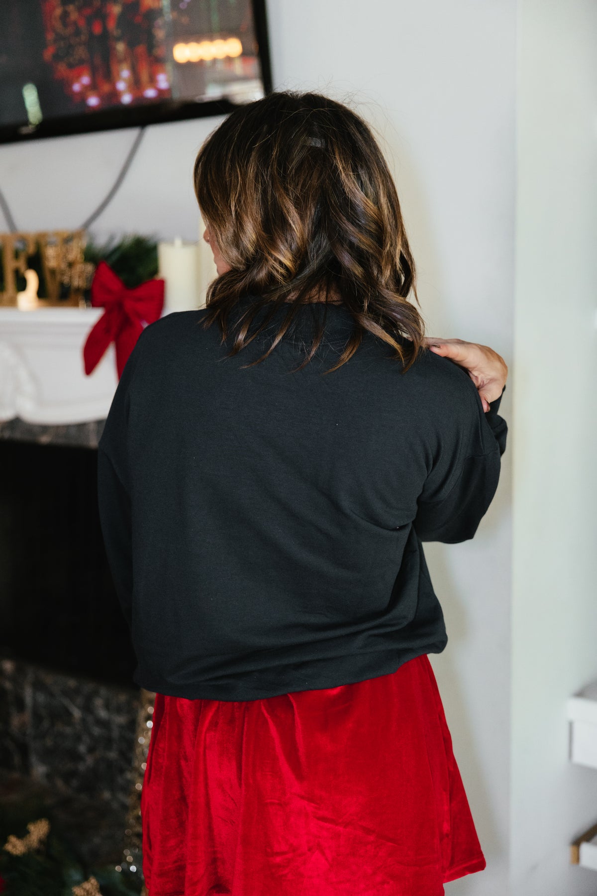 Winter Wonderland Pullover by Grace + Emma, mock-neck sweatshirt with a chenille snowman in a plaid scarf