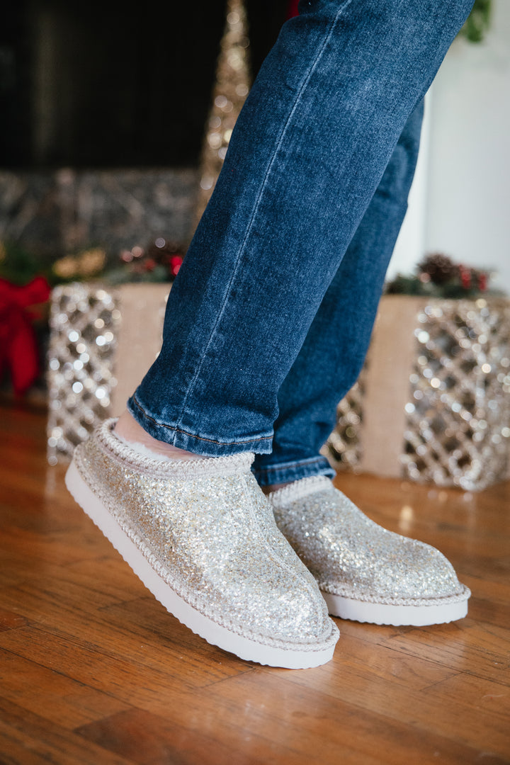 Very G Silver Georgina Glitter Shoes, silver glitter slip-on mules with faux fur lining