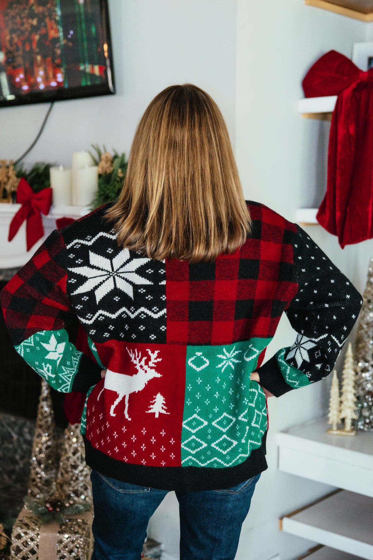 Merry Mashup Sweater by Grace + Emma, patchwork Christmas sweater with Fair Isle, reindeer, and buffalo plaid