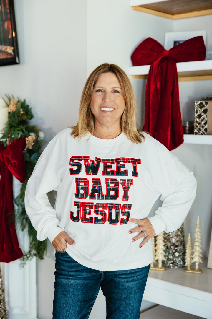 Reason For The Season Top by Grace + Emma, white sweatshirt with red tartan plaid Sweet Baby Jesus lettering