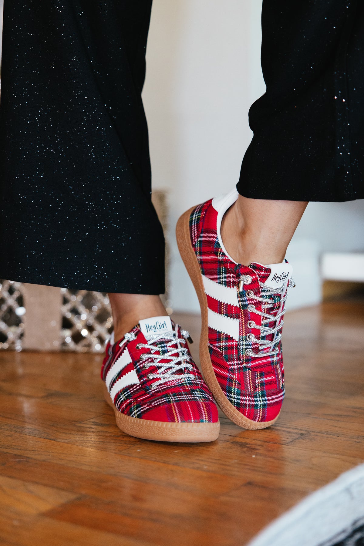 Corkys Red Plaid Heads Up Sneakers, red tartan low-top sneakers with white stripes and rhinestone laces