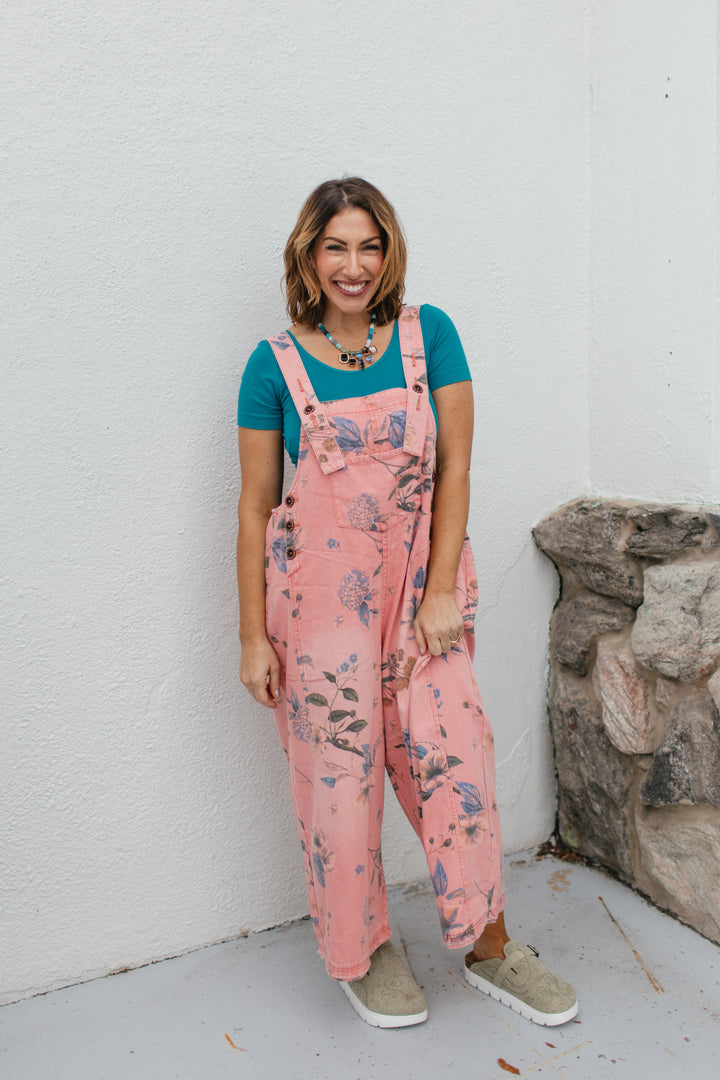 Painted Meadow Overalls In Vintage Coral