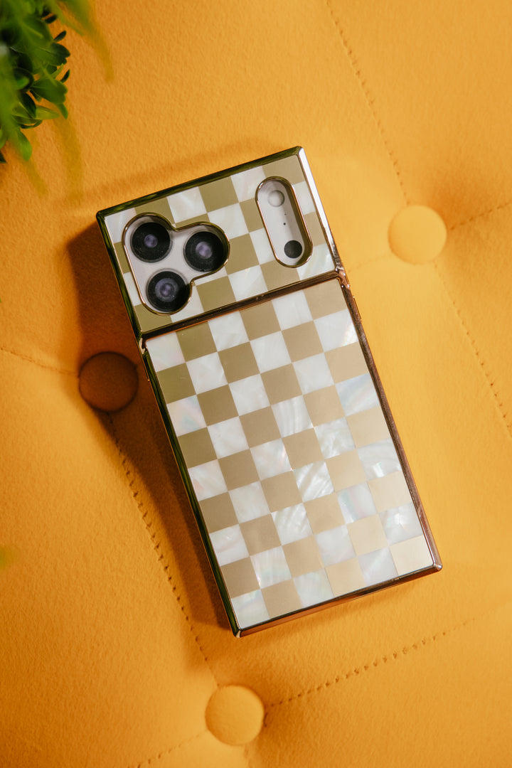 Gold Checkered Mother Of Pearl Magsafe iPhone Case | iPhone 17 Pro