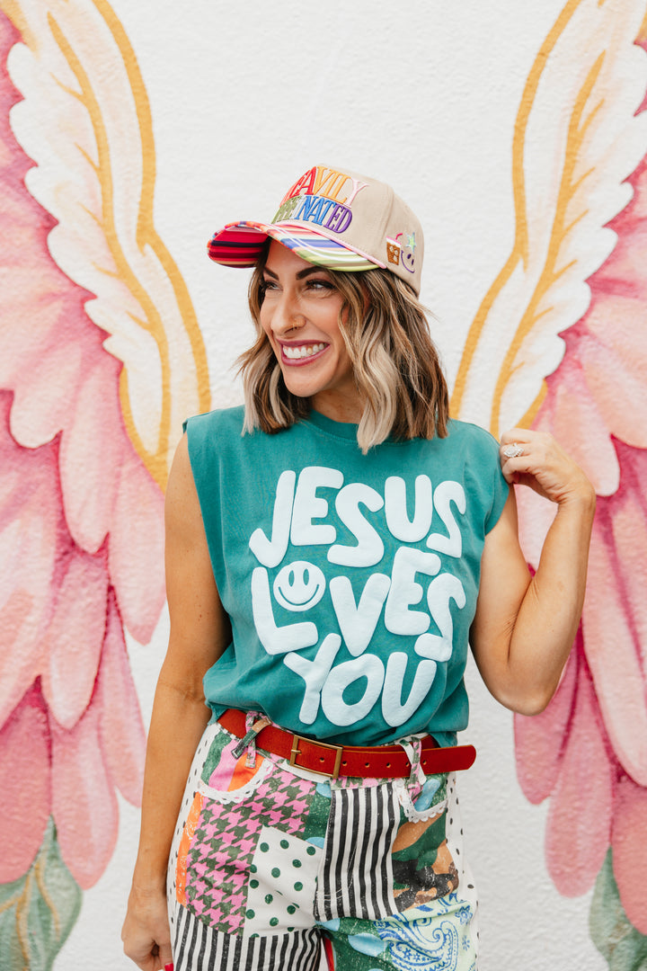 Smiley Jesus Loves You Puff Tank In Teal