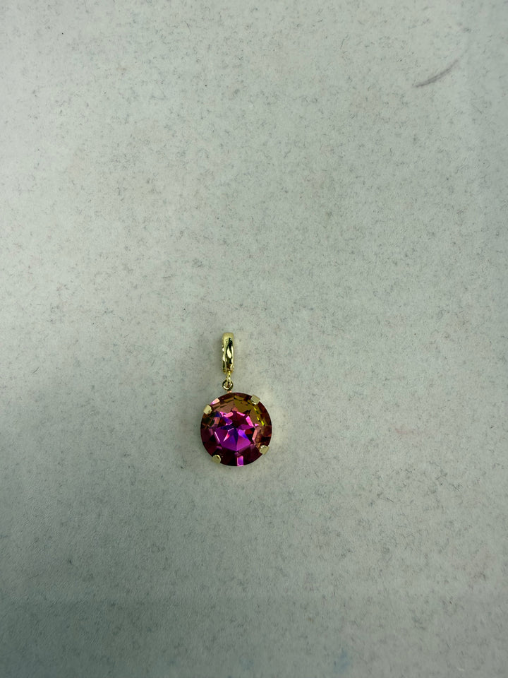 Round 12mm candy pink iridescent crystal pendant charm in gold prong setting by AF Designs