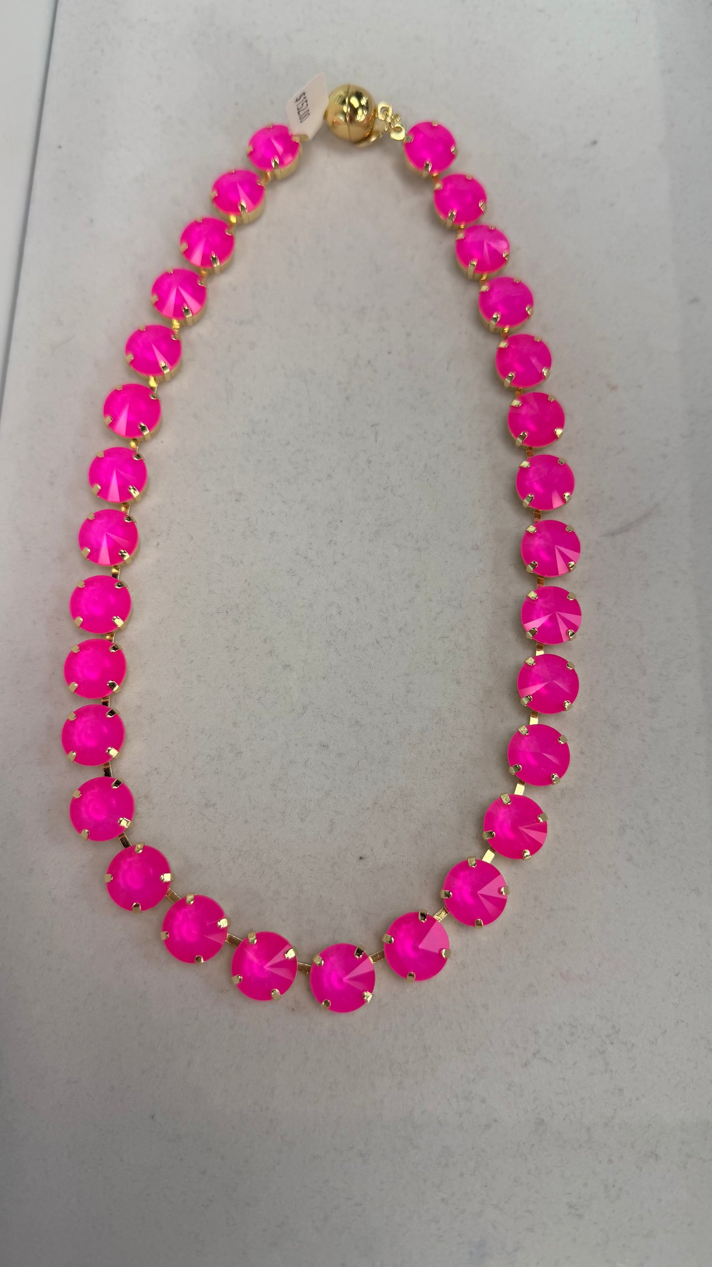 AF Designs 12MM neon hot pink rivoli crystal statement necklace with gold prong settings and magnetic clasp