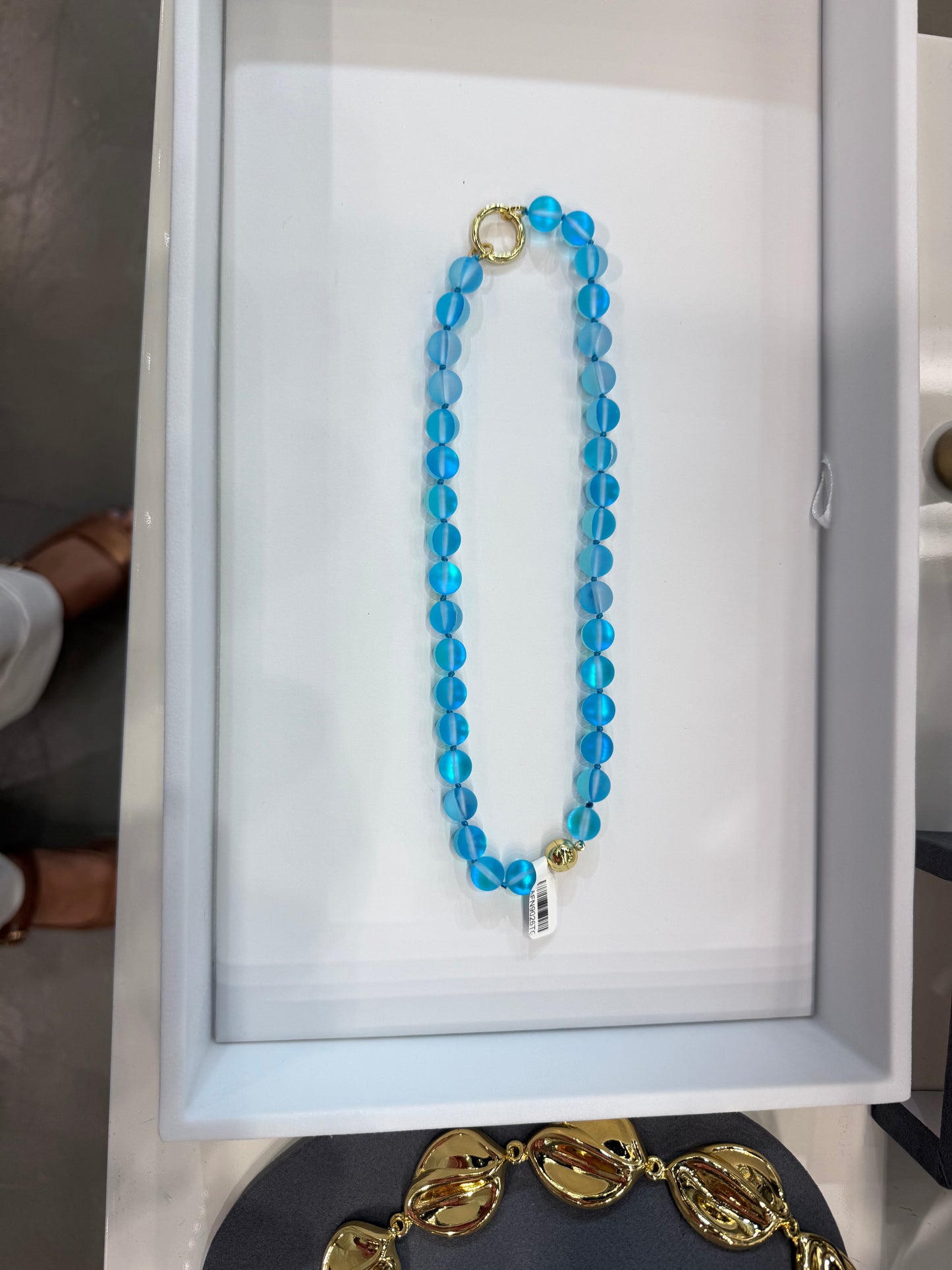 AF Designs 10mm frosted aqua blue beaded necklace with gold accent bead and circular gold clasp