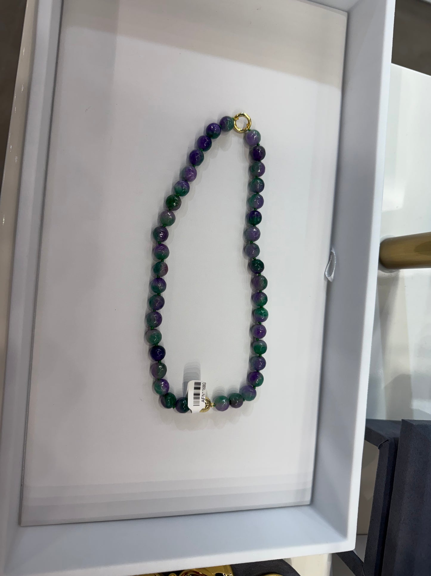 10mm purple amethyst and emerald green beaded necklace with gold-tone spring ring clasps by AF Designs