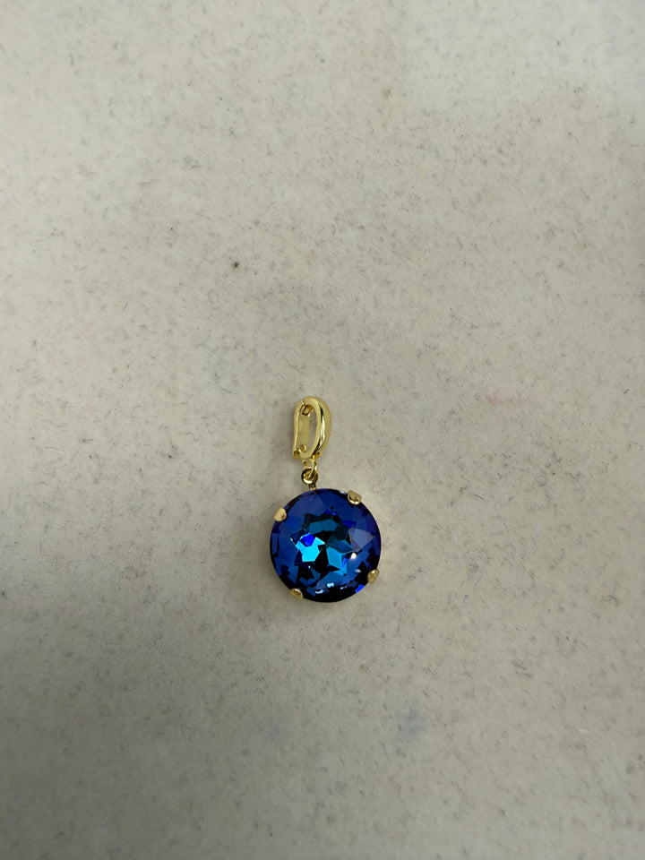 AF Designs 12mm round electric blue iridescent crystal charm pendant with gold-tone prong setting and bail