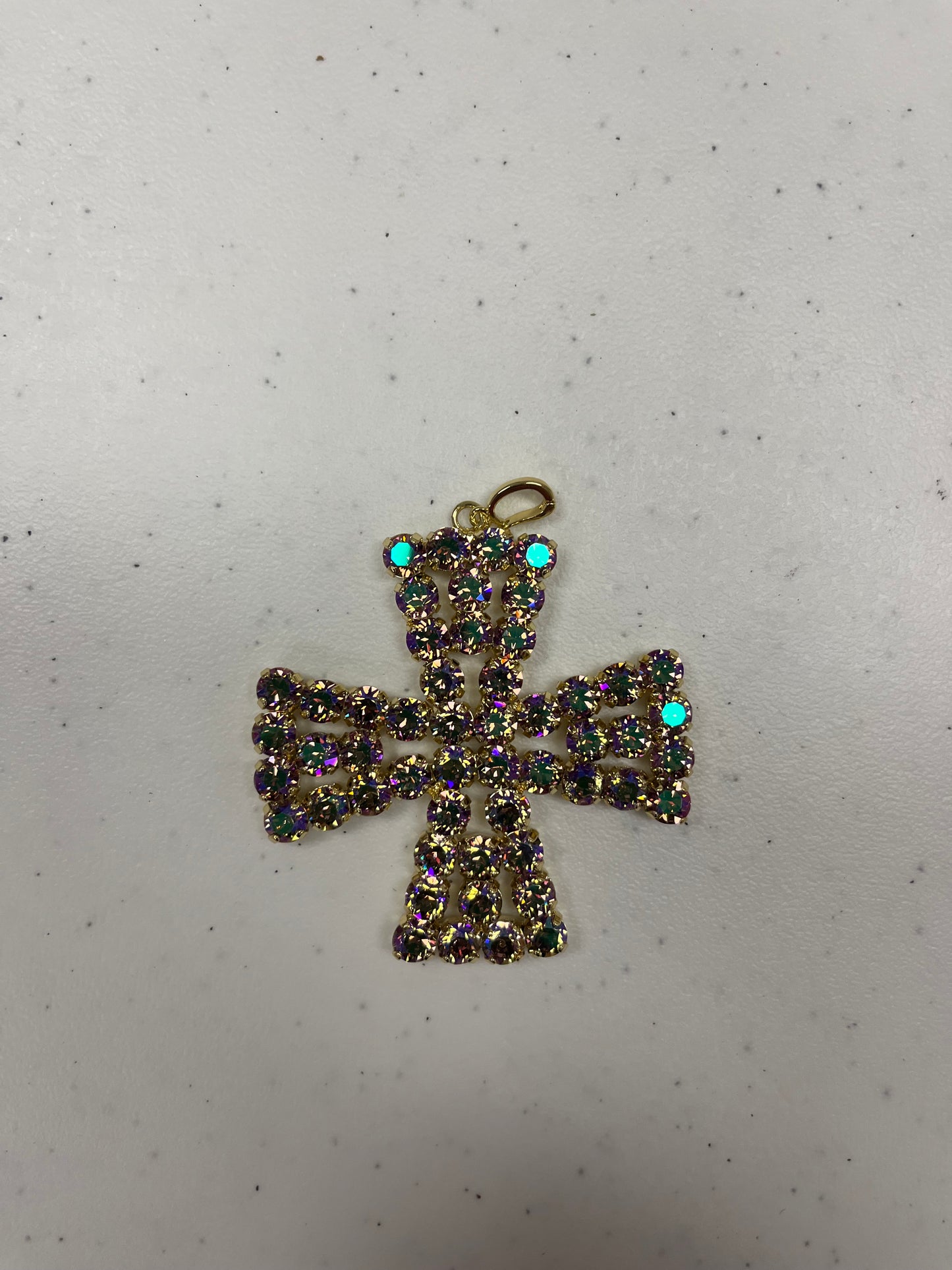 Gold-tone maltese cross pendant with iridescent aurora borealis and turquoise rhinestones by AF Designs