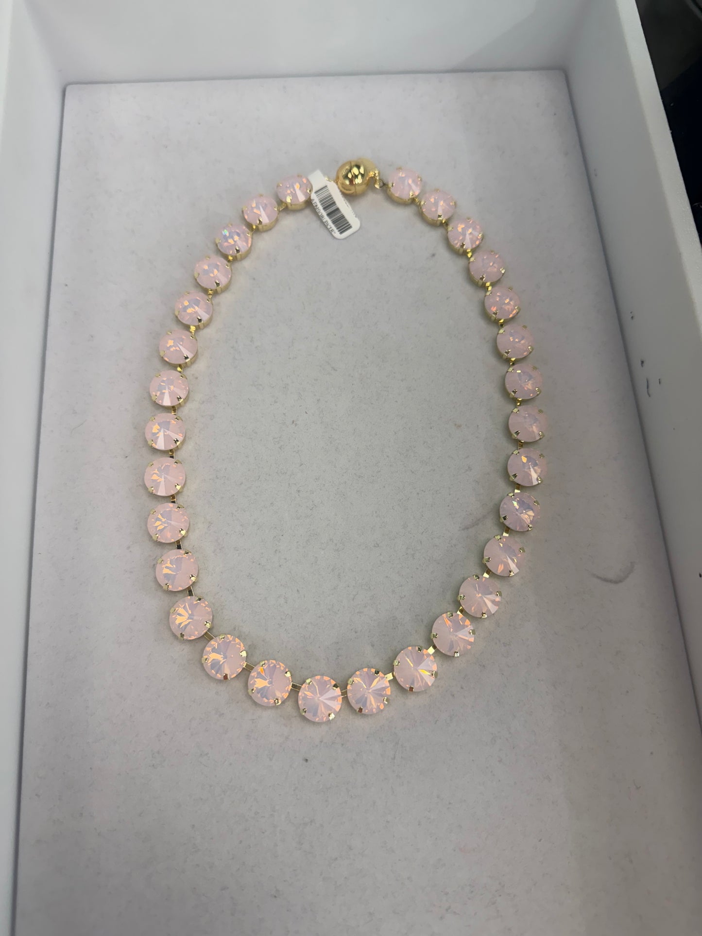 AF Designs 12mm rose pink opal crystal riviere statement necklace with gold prong settings and ball clasp