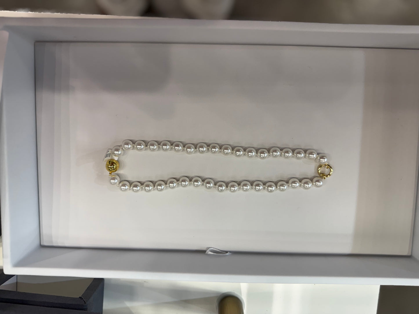 AF Designs 10MM single-strand white pearl necklace with gold-tone ball and spring ring clasps in white jewelry box