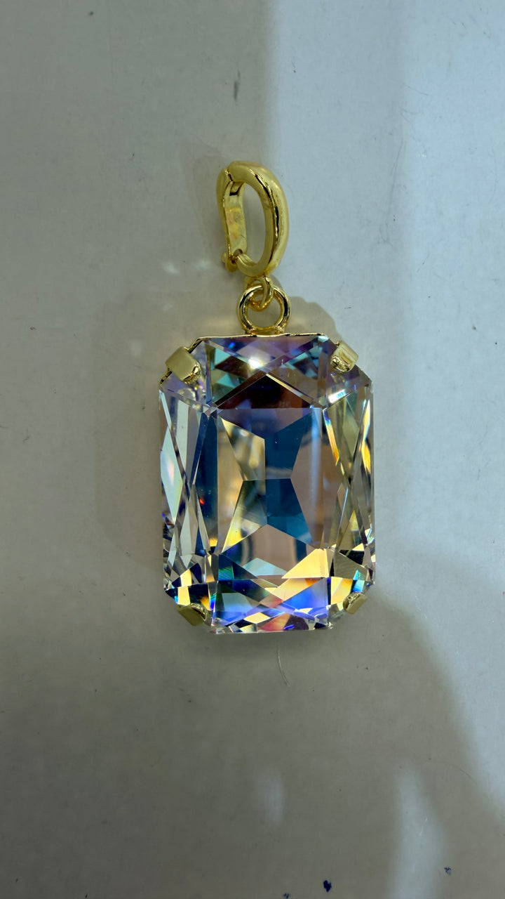 Large rectangular AB crystal pendant charm in gold-tone prong setting with rainbow iridescent facets by AF Designs