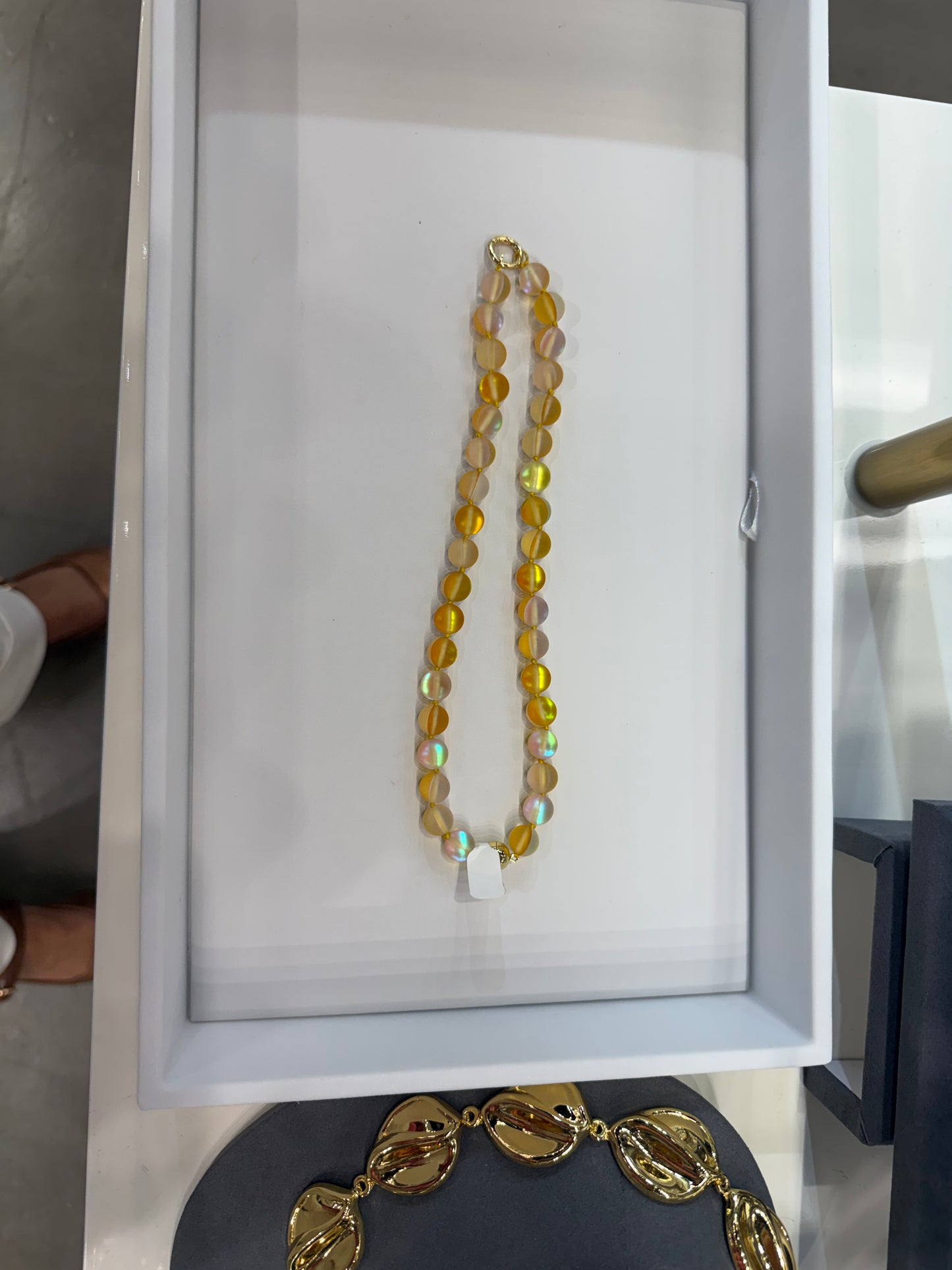 AF Designs 10MM citrus yellow iridescent beaded necklace with aurora borealis shimmer and gold-tone clasp