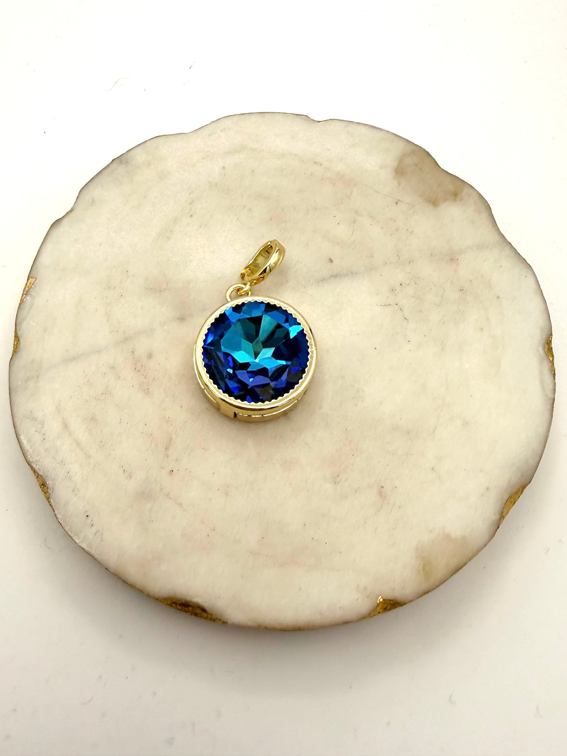 Round sapphire blue faceted crystal pendant charm in gold bezel setting with bail loop by AF Designs