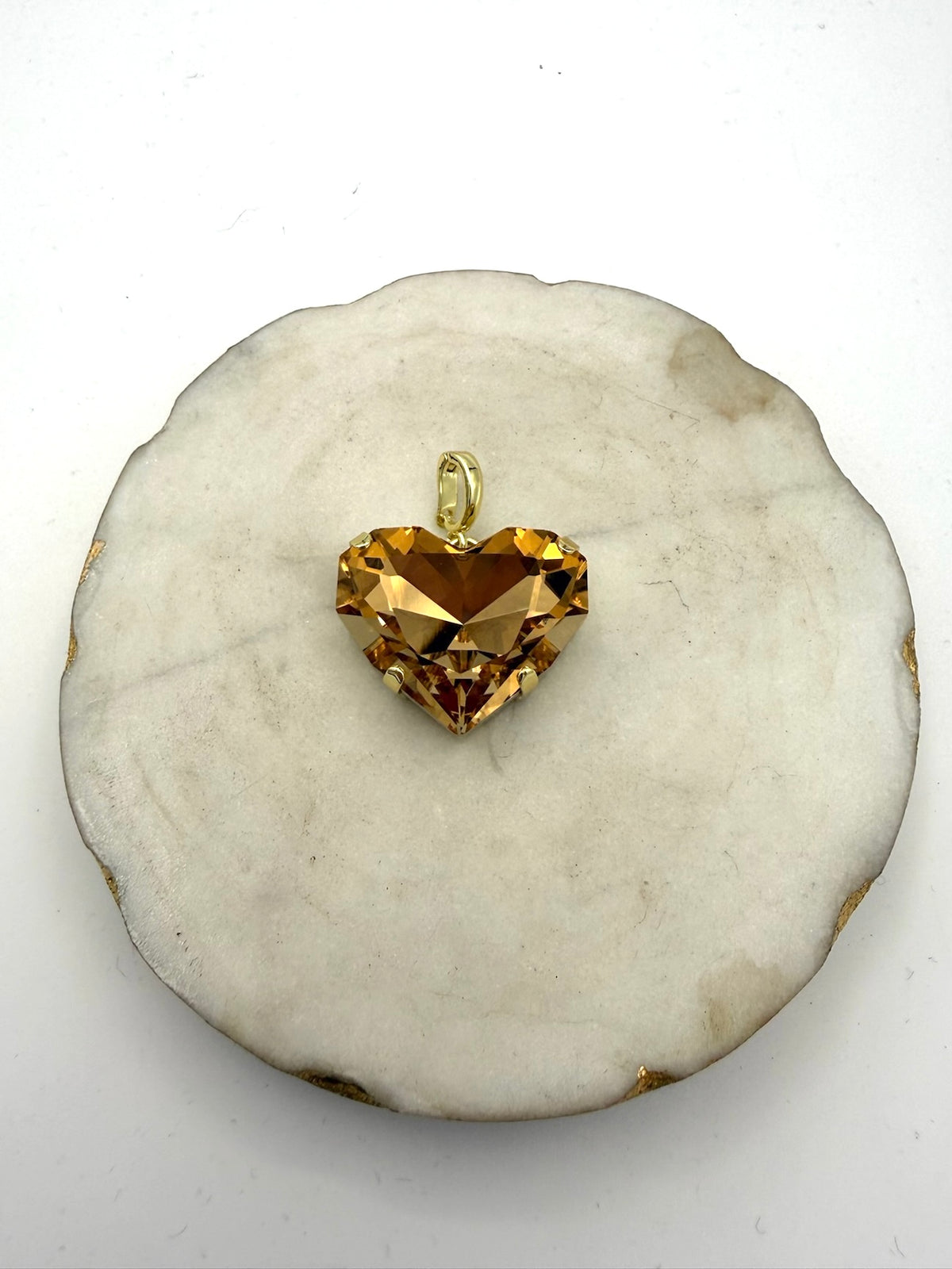 AF Designs Love Struck Heart Charm in Topaz - large faceted amber crystal heart pendant with gold setting