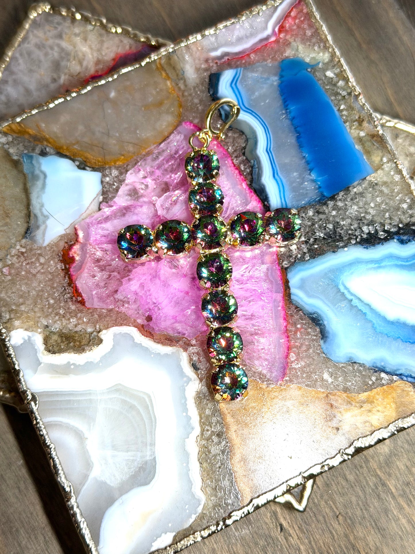 Large gold cross charm pendant with iridescent midnight green-purple rhinestones by AF Designs