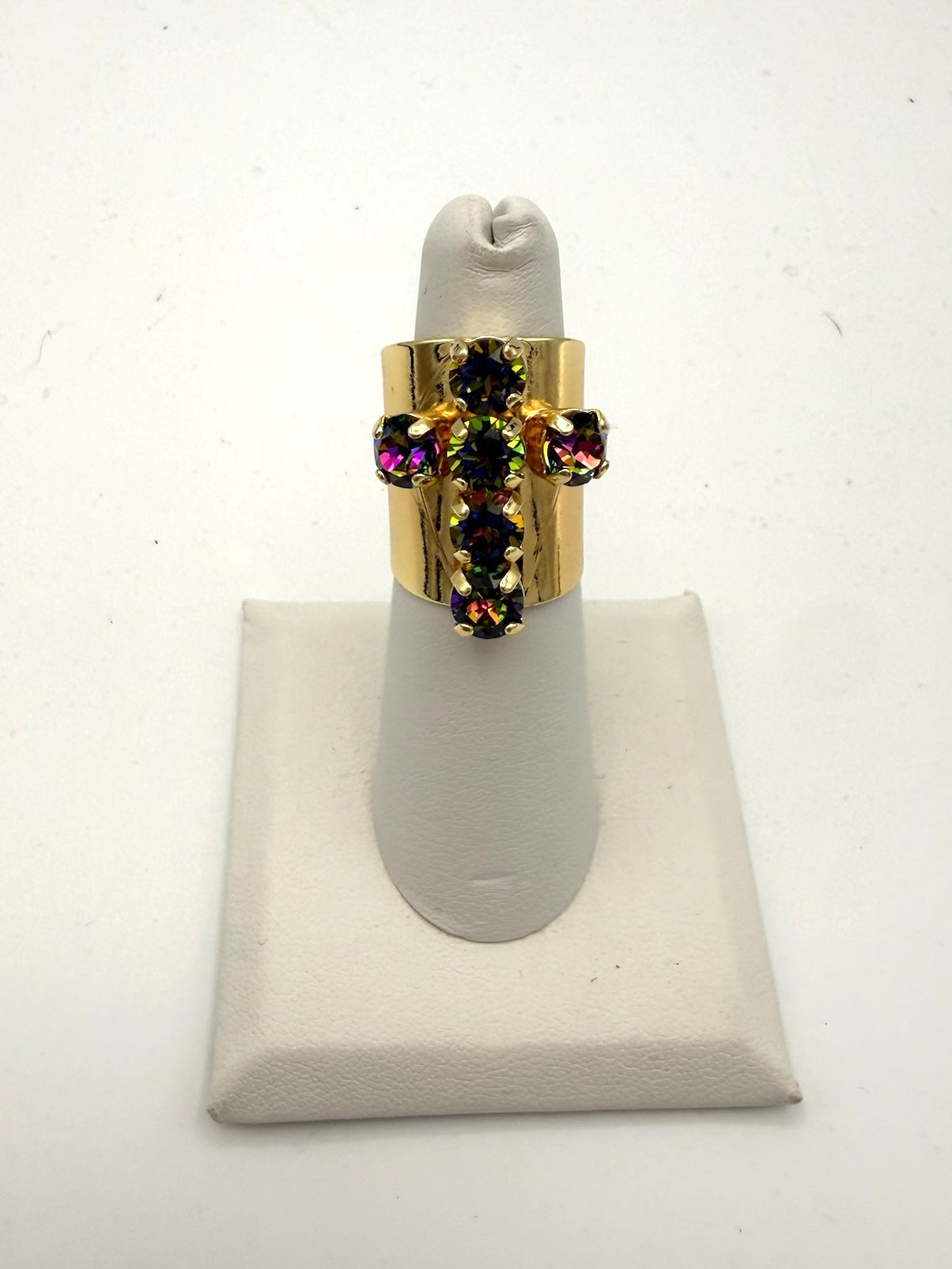 AF Designs Cross Ring in Majestic: wide gold band with 5 iridescent mystic-toned round stones in cross formation