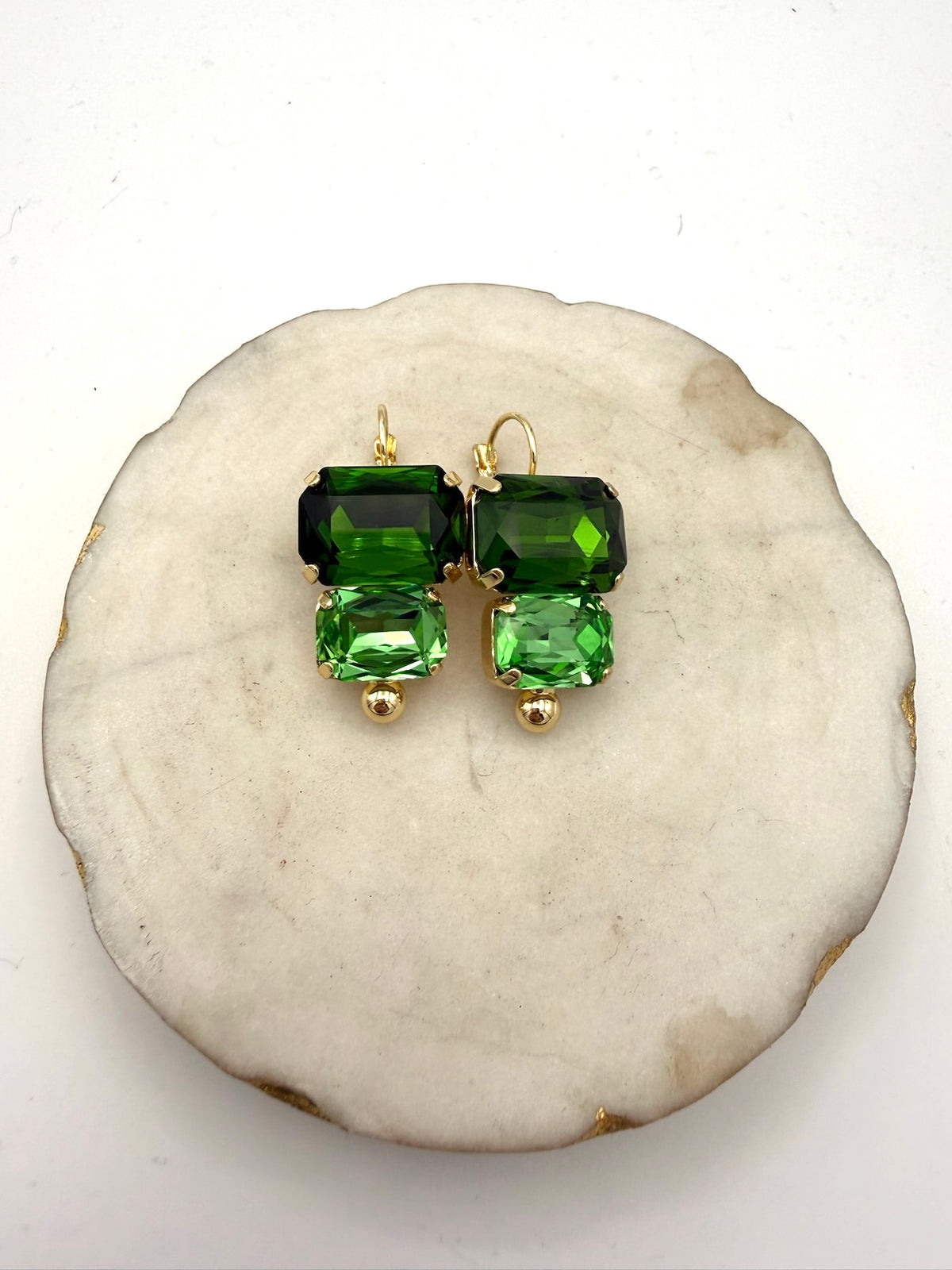 AF Designs Candy Crush drop earrings with dual green crystals in gold settings, dark to light green ombre effect