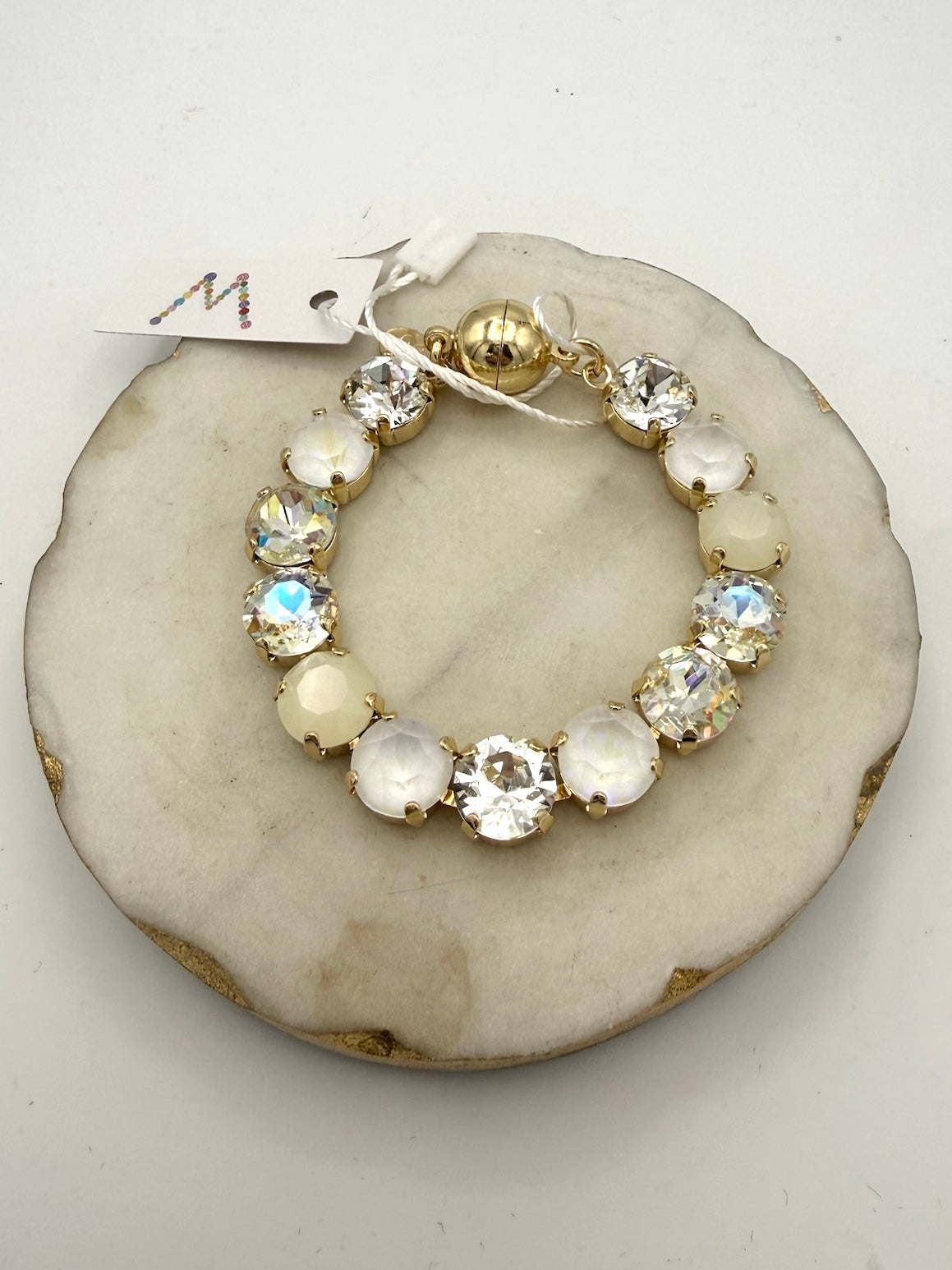 AF Designs Cosmic Crush Bracelet in white mix with gold-tone settings, featuring crystal, opal, and AB stones