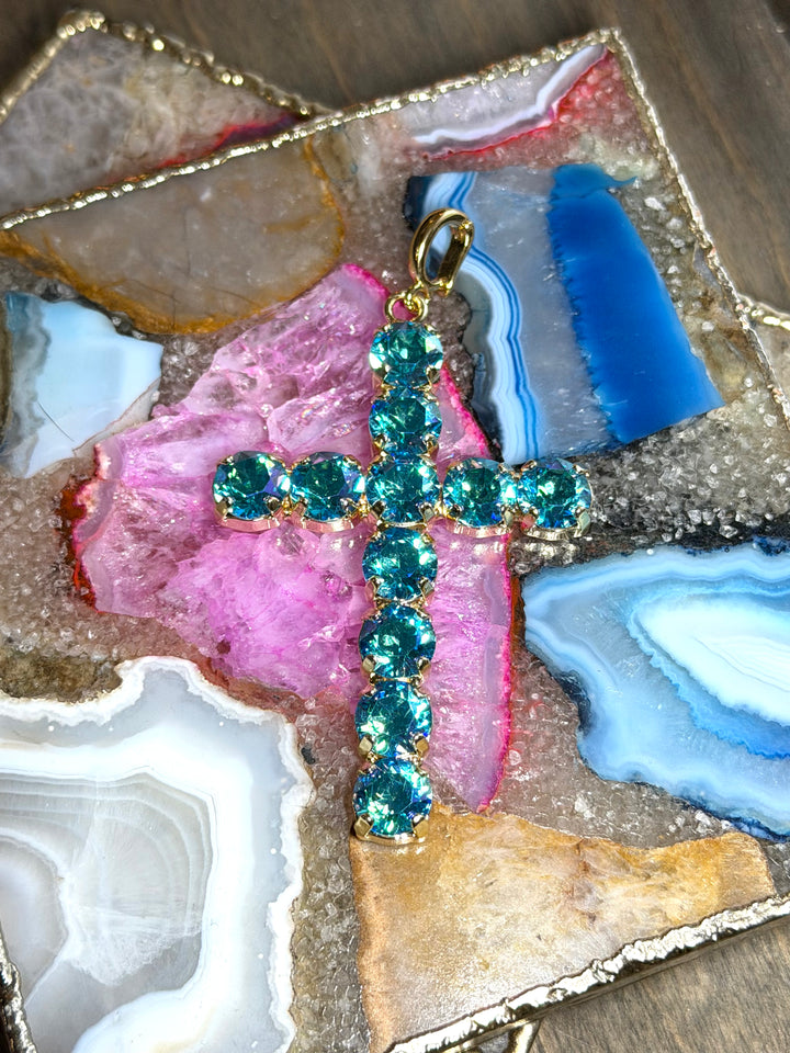 Large teal rhinestone cross pendant charm with gold prong settings and bail by AF Designs