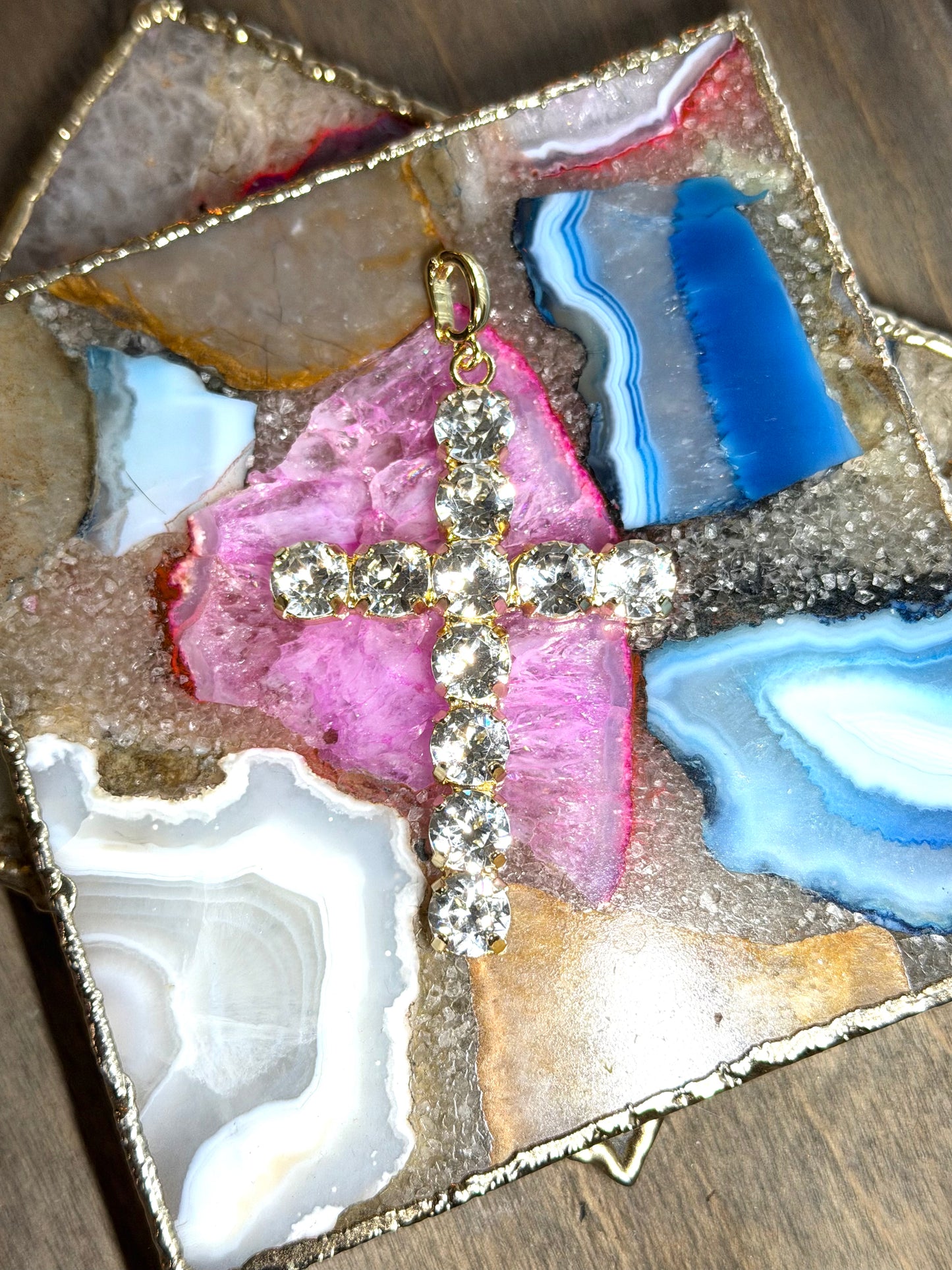 Large clear rhinestone cross pendant charm with gold prong settings and bail loop, by AF Designs