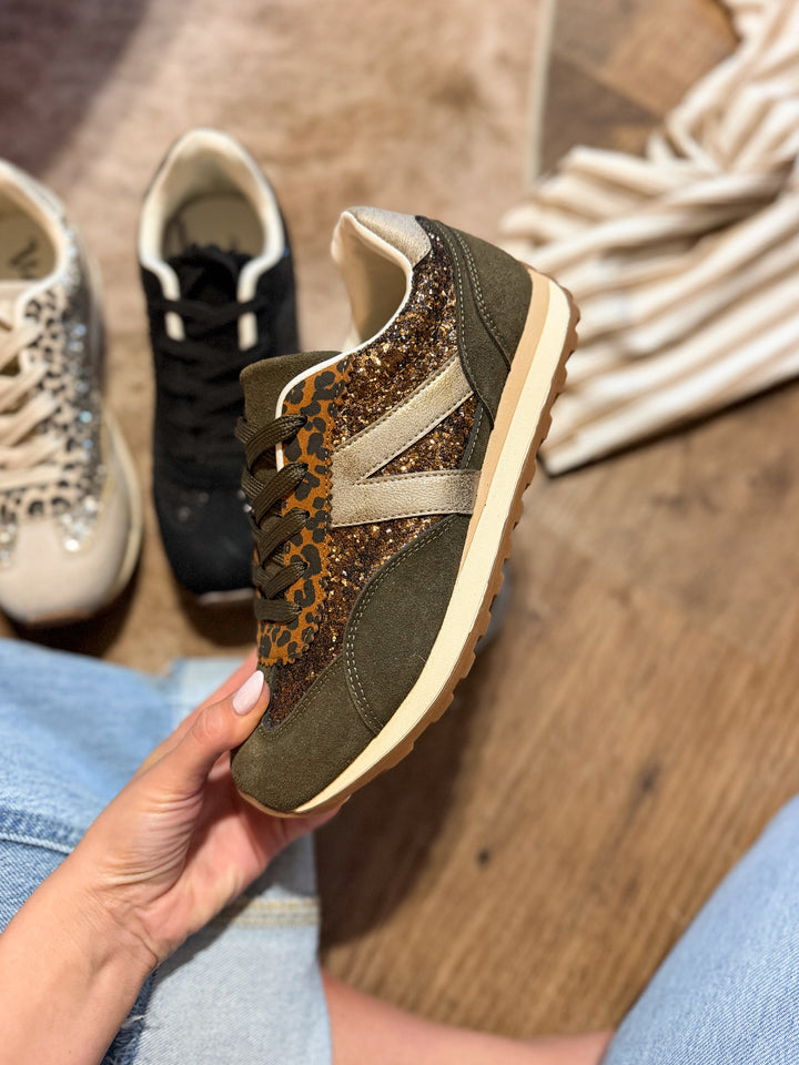 Very G Khaki June Sneaker with glitter stripe, leopard print accent, and metallic gold overlay on olive suede base.
